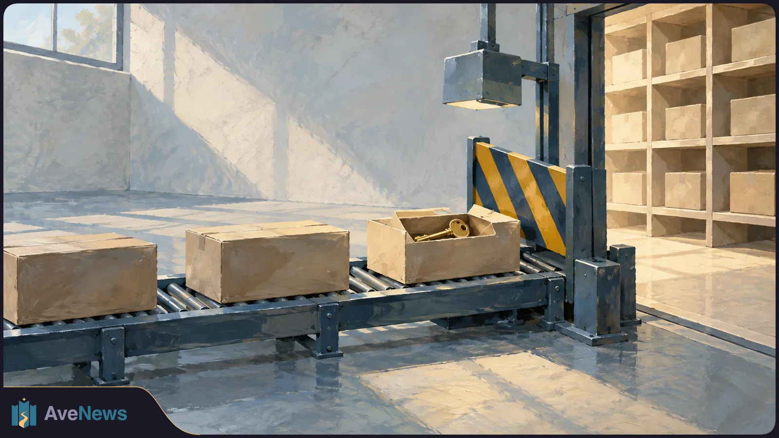 Painted warehouse scene with cardboard boxes on a roller conveyor; an open box holds a gold key beside a yellow-and-black striped barrier. SI illustration