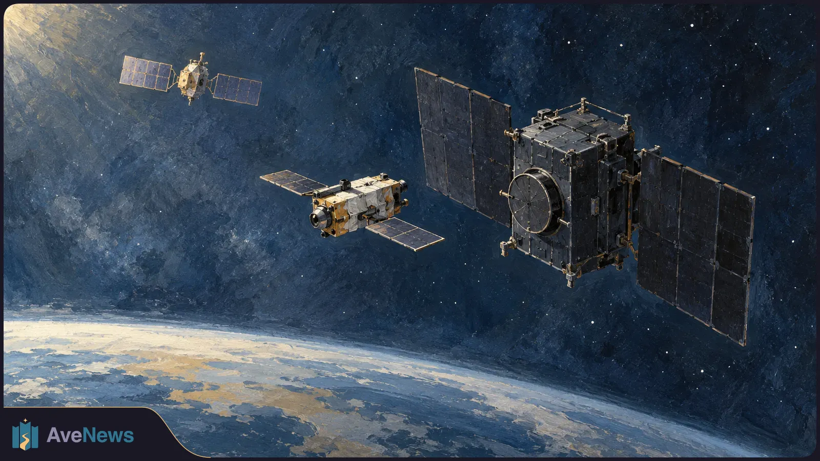 A painted space scene shows three solar-panel satellites above Earth’s curved horizon, with the largest on the right against a dark, starry sky. SI illustration