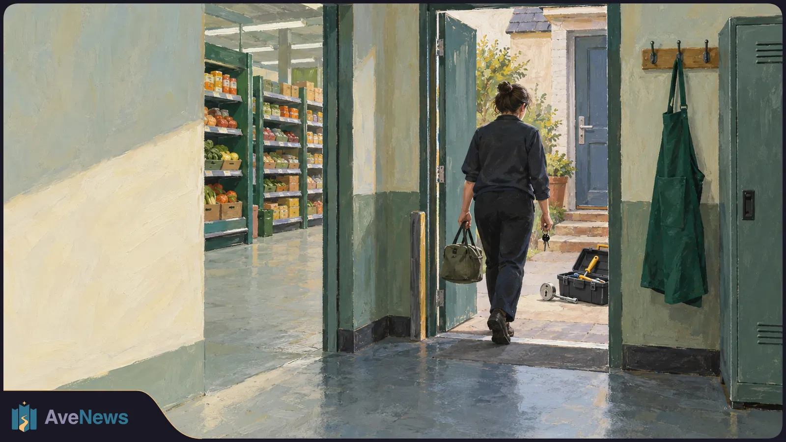 A worker seen from behind walks past grocery shelves toward an open door, carrying a bag and keys. An open toolbox and a loose lock part sit by the doorway. SI illustration