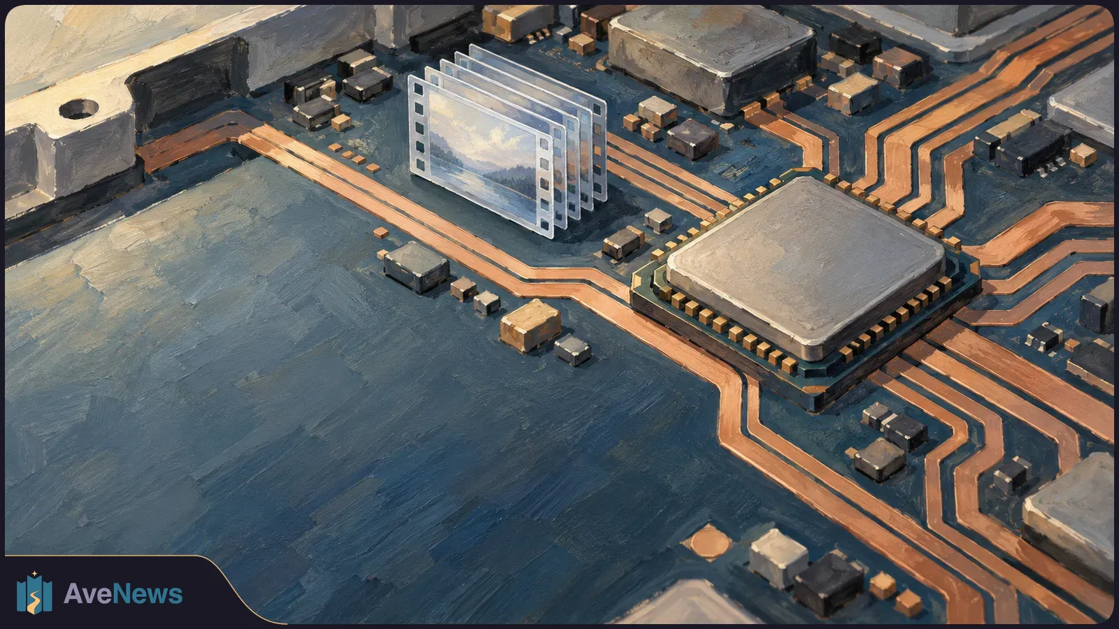 Painted close-up of a circuit board with a large processor, copper traces and a stack of translucent image frames showing a landscape. SI illustration