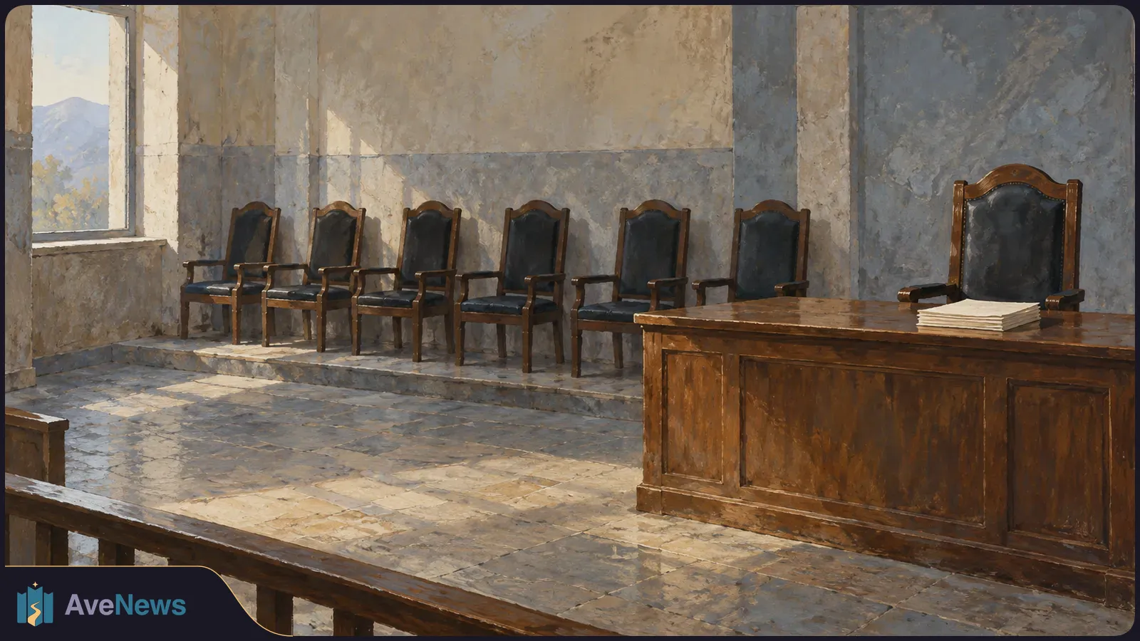 Painted empty courtroom with six chairs lined against the wall, a larger chair behind a wooden desk, and a stack of blank papers. SI illustration