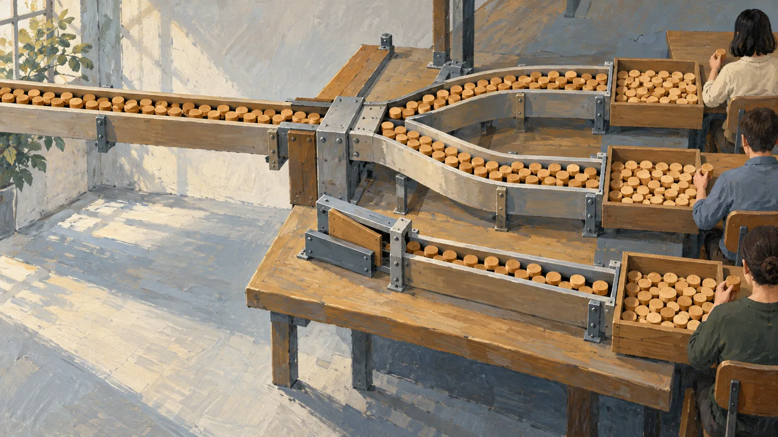 A painted workshop scene shows three seated people beside boxes of wooden cylinders and branching conveyor tracks in a sunlit room. SI illustration