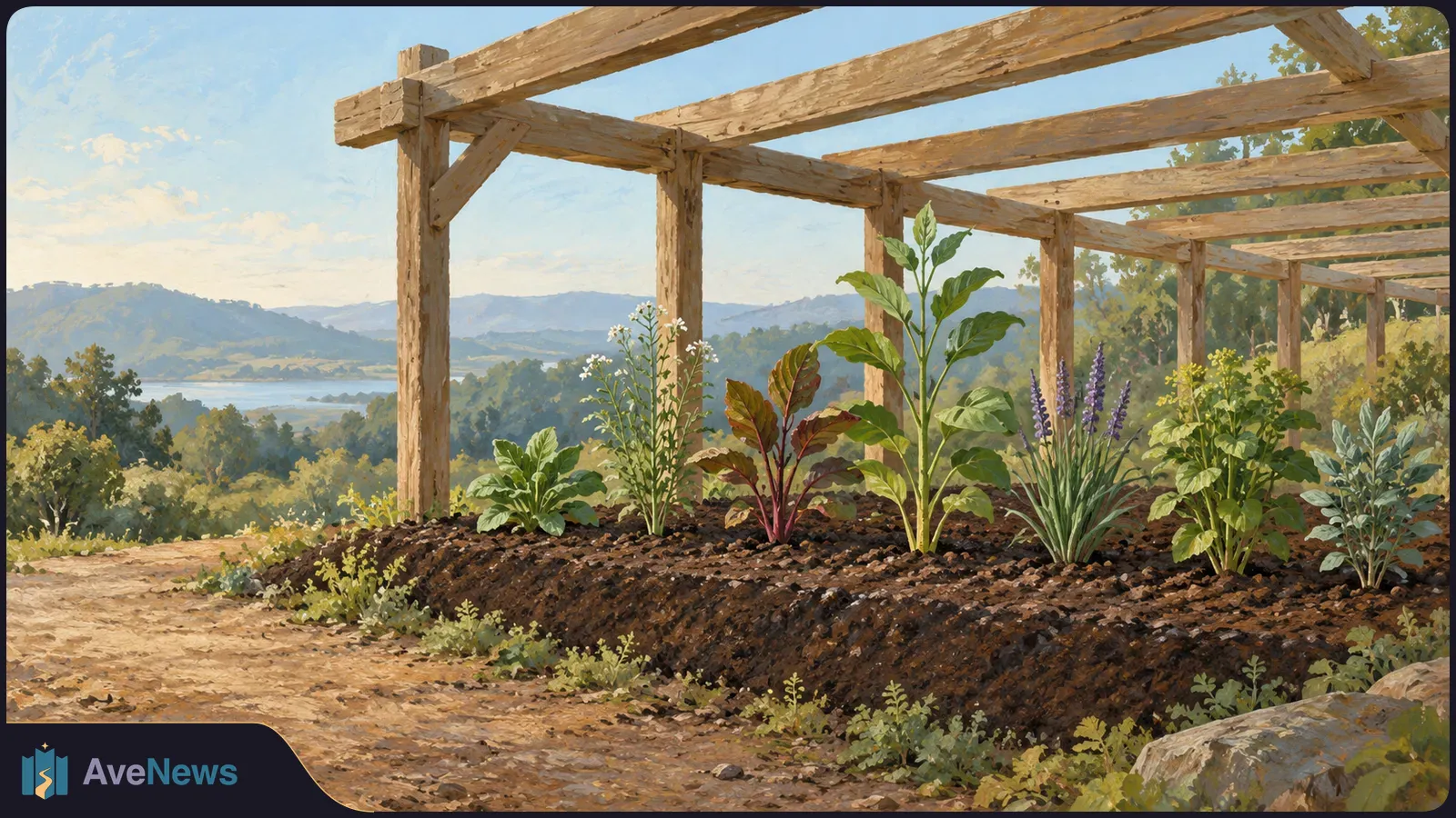 Illustration of leafy and flowering plants in a raised soil bed beneath a wooden trellis, with a dirt path, trees, hills and water in the distance. SI illustration
