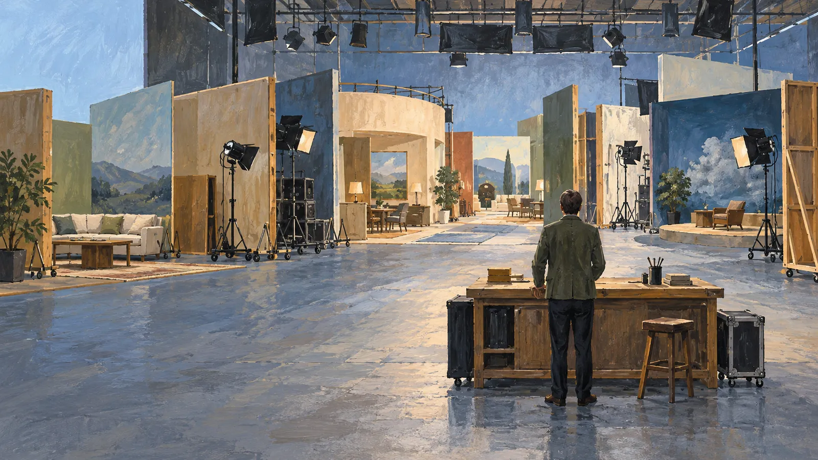 A painted television studio with furnished sets, lighting rigs and scenic backdrops. A person seen from behind stands at a workbench in the foreground. SI illustration