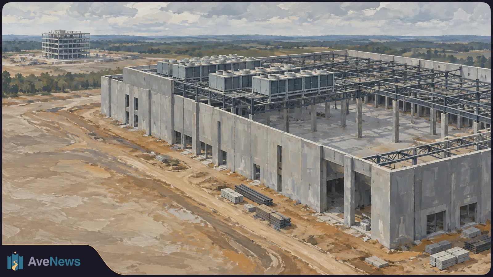 Illustration of a large unfinished building with rows of cooling units on its roof, exposed steel framing, and construction materials beside a dirt road. SI illustration