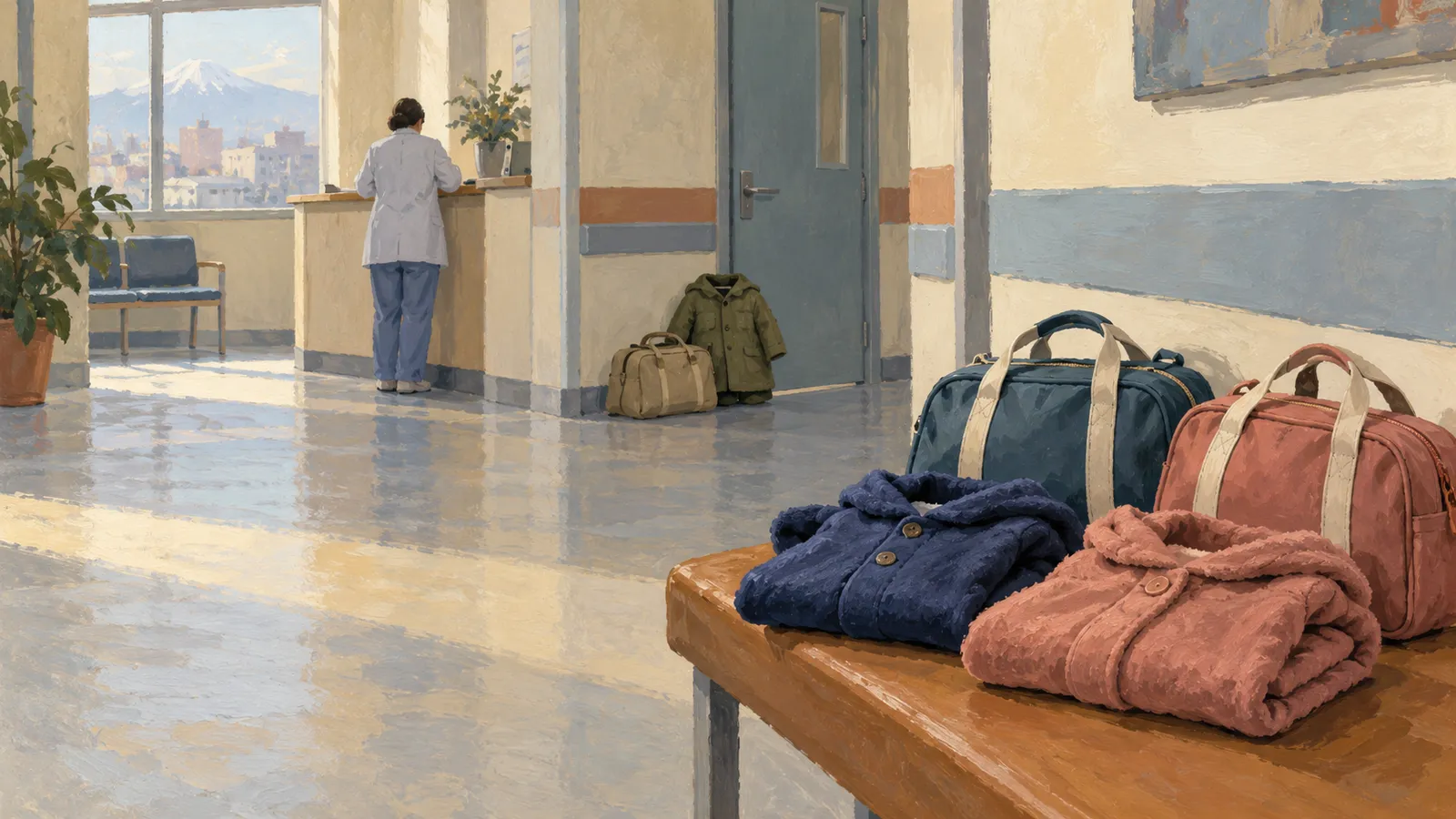 Illustration of a hospital corridor with folded blue and pink coats and travel bags on a bench. A person in a white coat stands at a counter near a window. SI illustration