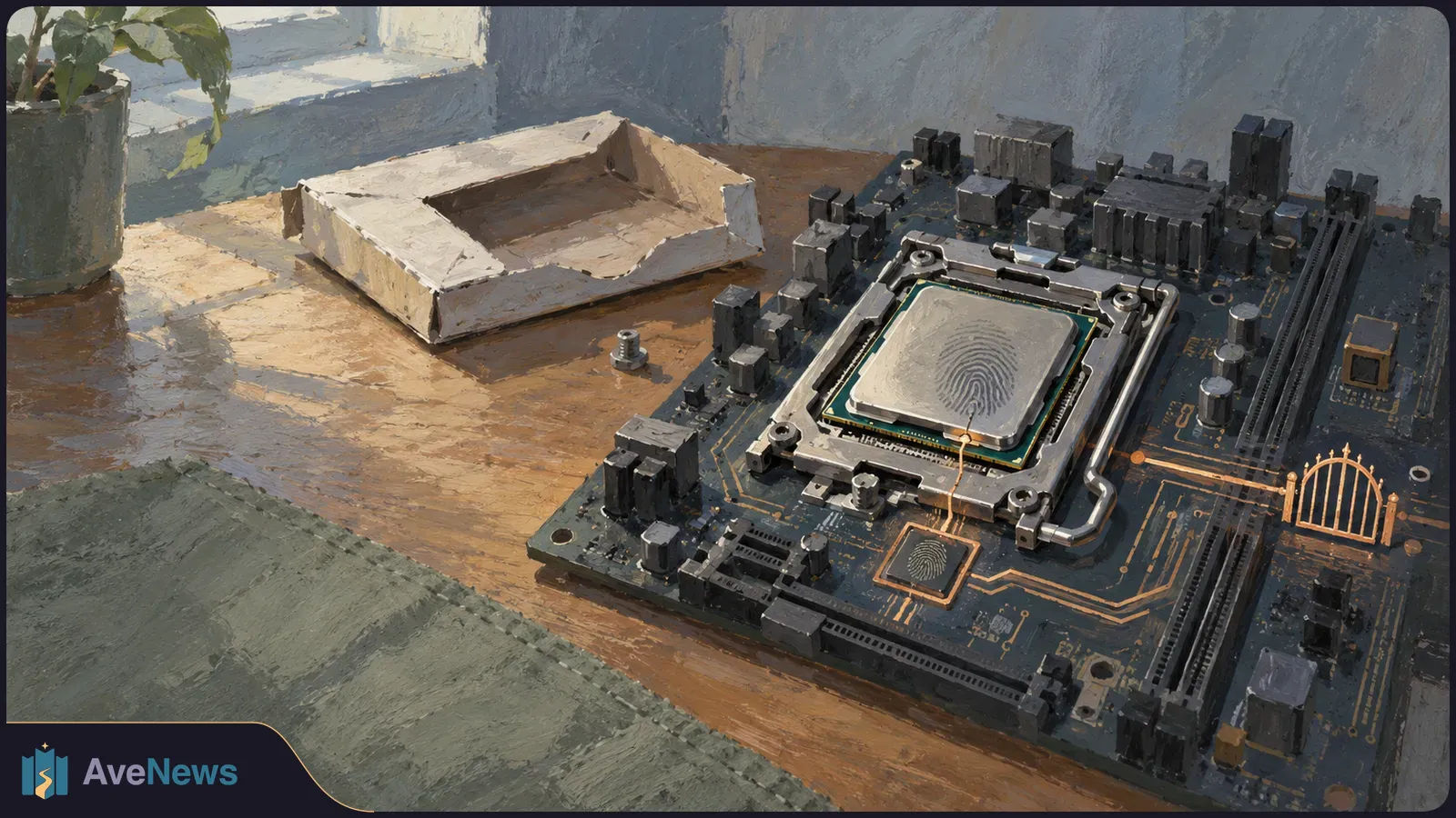 Painterly illustration of a fingerprint-marked processor on a motherboard, with gold circuit lines leading to a barred gate. An empty box sits nearby. SI illustration