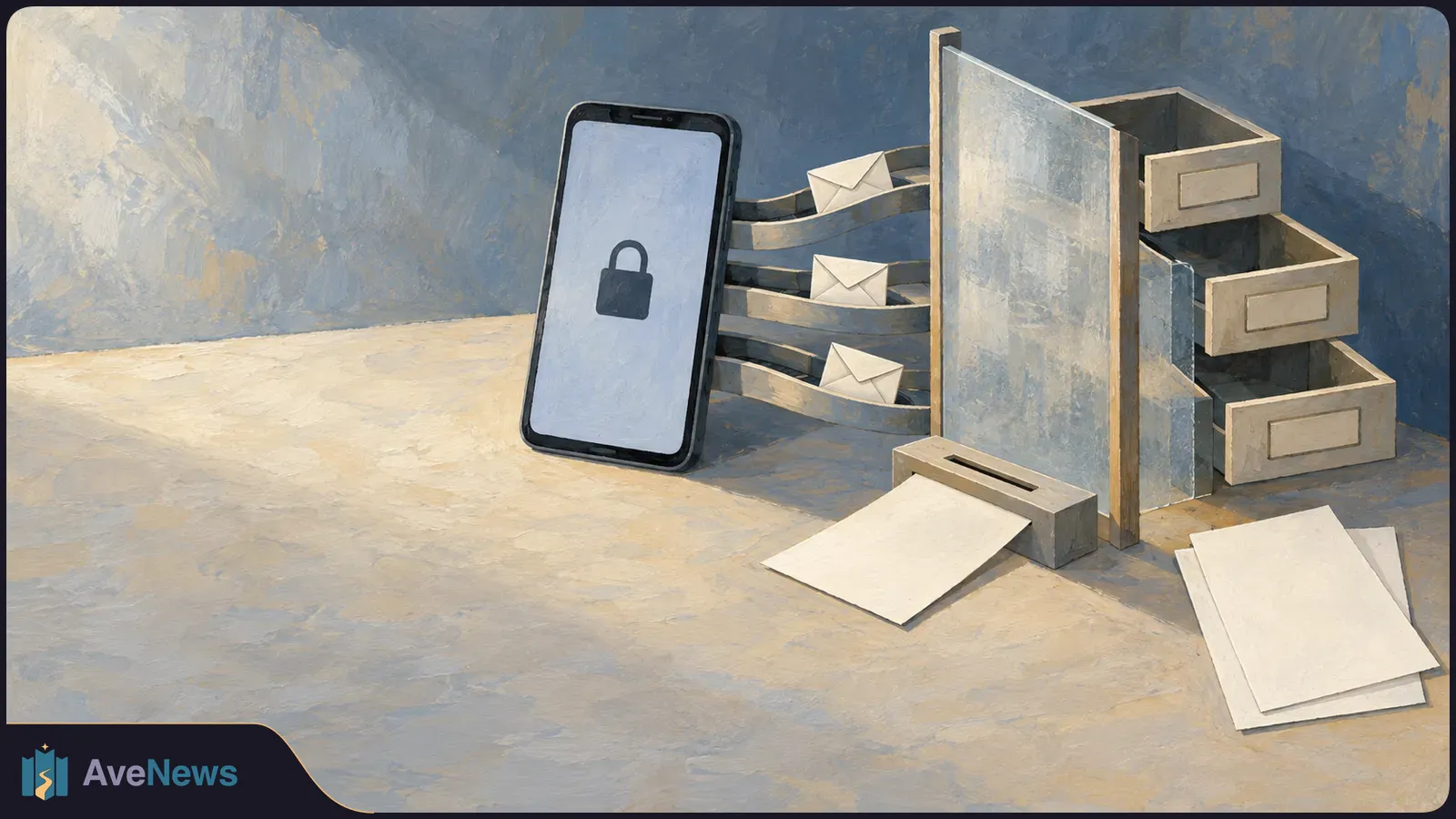 Painted illustration of a phone showing a padlock, with envelopes passing behind a screen toward open filing drawers; blank sheets lie in front. SI illustration