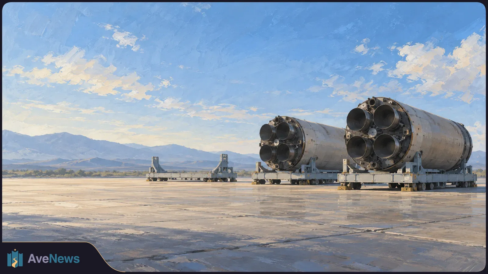 Two rocket boosters with clustered engine nozzles rest on wheeled cradles on a broad concrete apron, with mountains beneath a blue, cloud-streaked sky. SI illustration