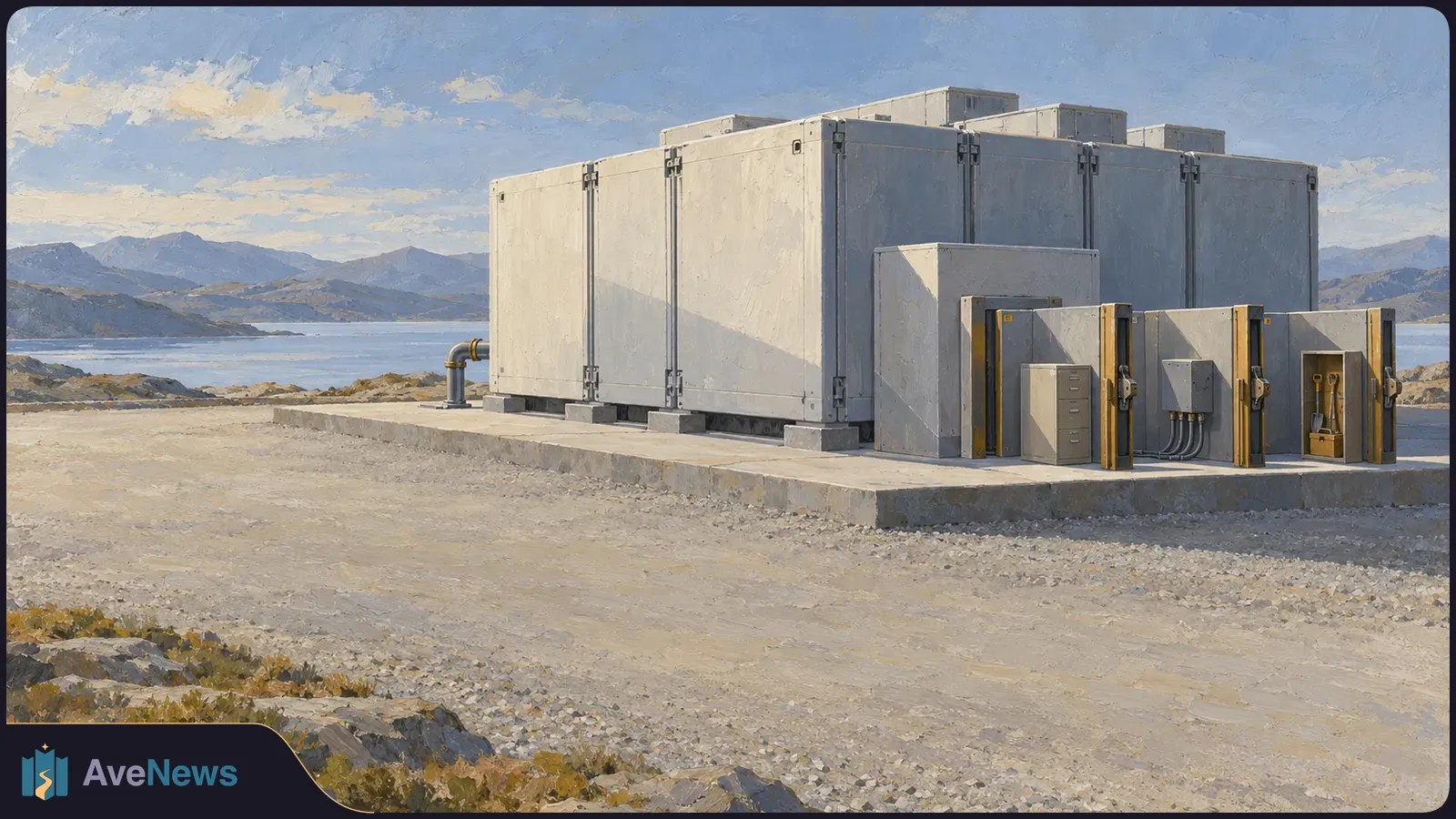 Illustration of large gray modular units and smaller electrical cabinets on a concrete pad beside a lake, with mountains in the distance. SI illustration