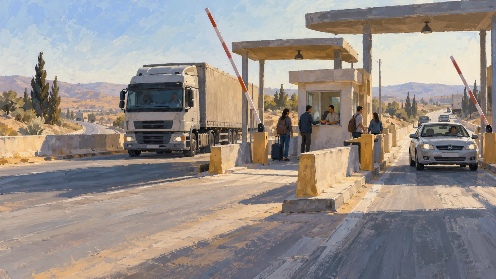 Illustration of a road checkpoint with raised barriers, a truck and a car. Several people stand by a small booth, with dry hills in the background. SI illustration