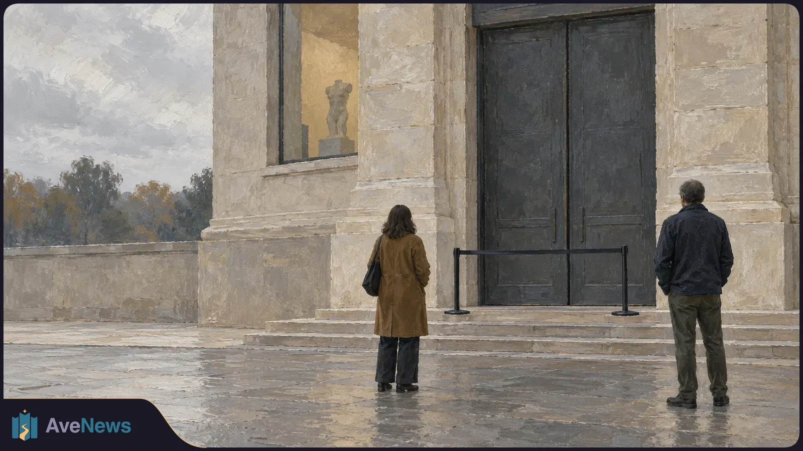 Painterly scene of two people facing a large closed doorway behind a rope barrier. A small statue is visible through a nearby window. SI illustration