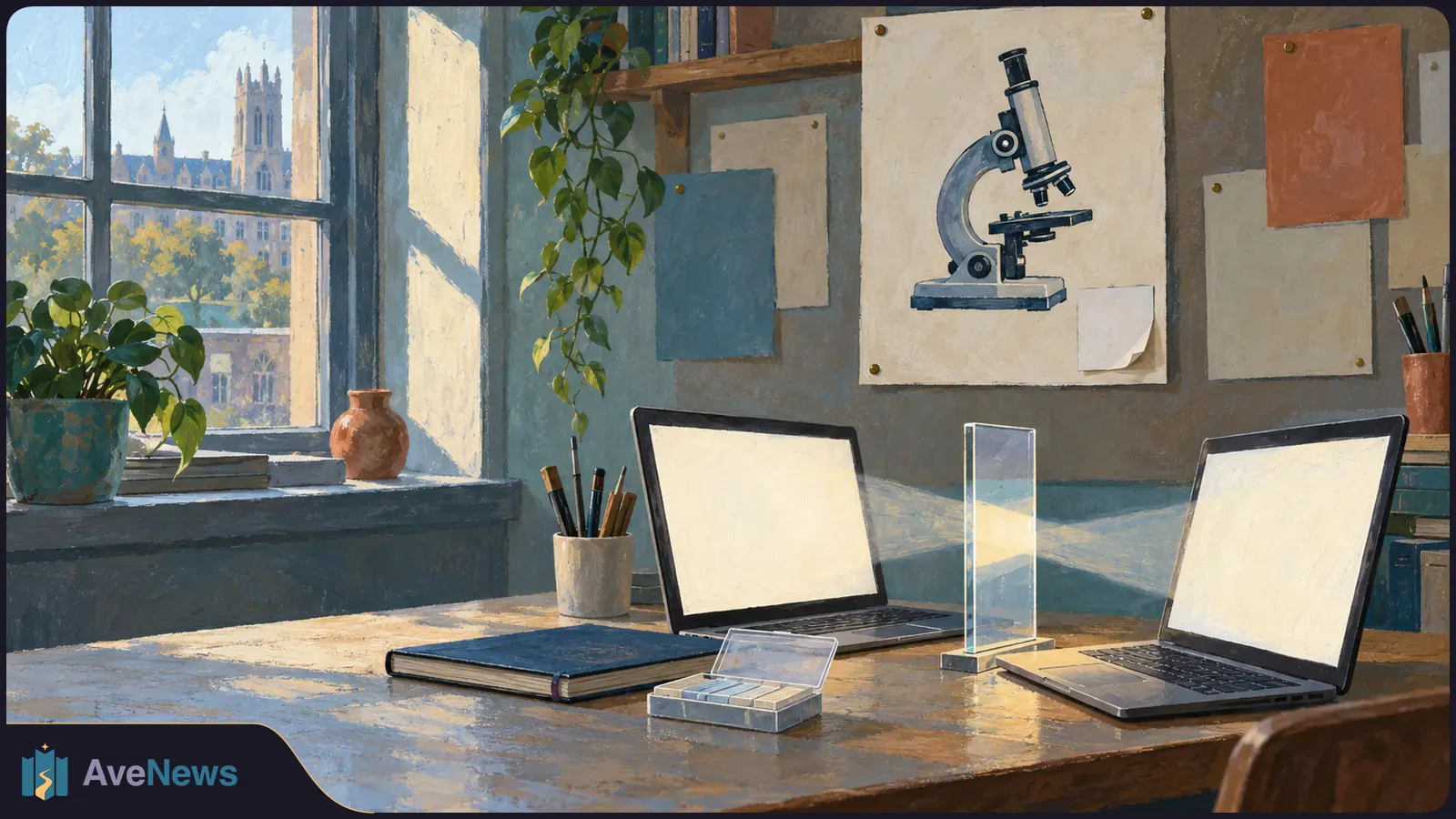 Painted academic workspace with two blank-screen laptops, a notebook and a glass prism on a sunlit table. A microscope illustration hangs on the wall beside a window. SI illustration