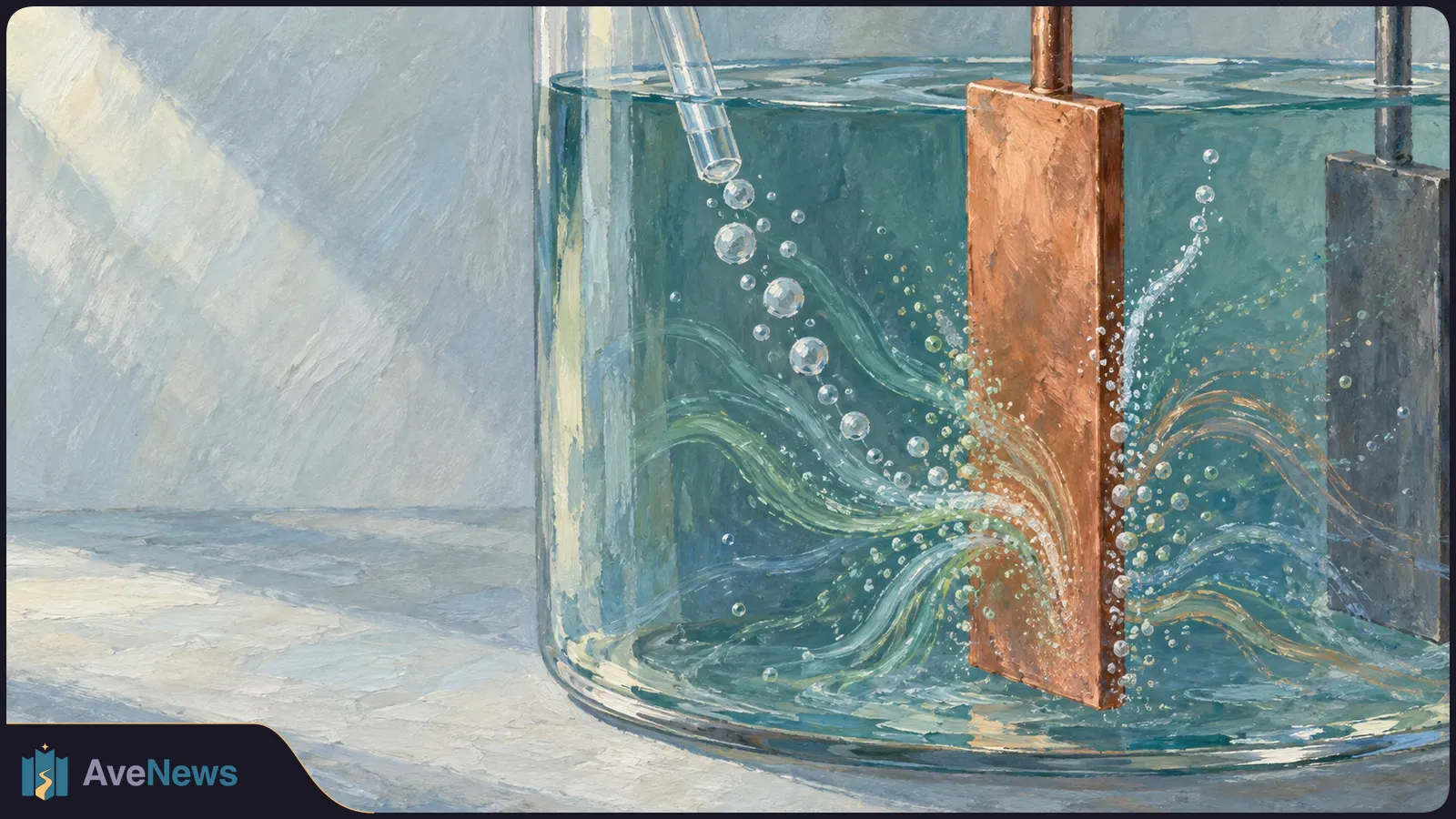 Painted glass vessel with blue liquid, a copper-colored plate and a dark plate. Bubbles rise near a glass tube as colored swirls curl around the plates. SI illustration