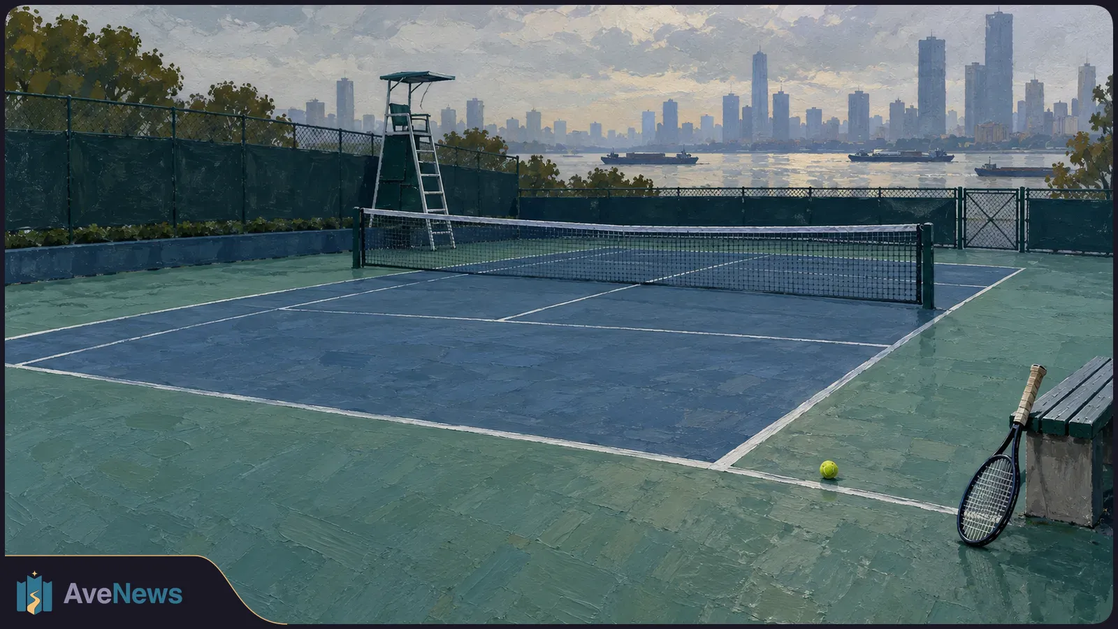 Painted empty tennis court with a net and umpire chair; a racket and yellow ball rest near a bench, with water and a city skyline beyond the fence. SI illustration