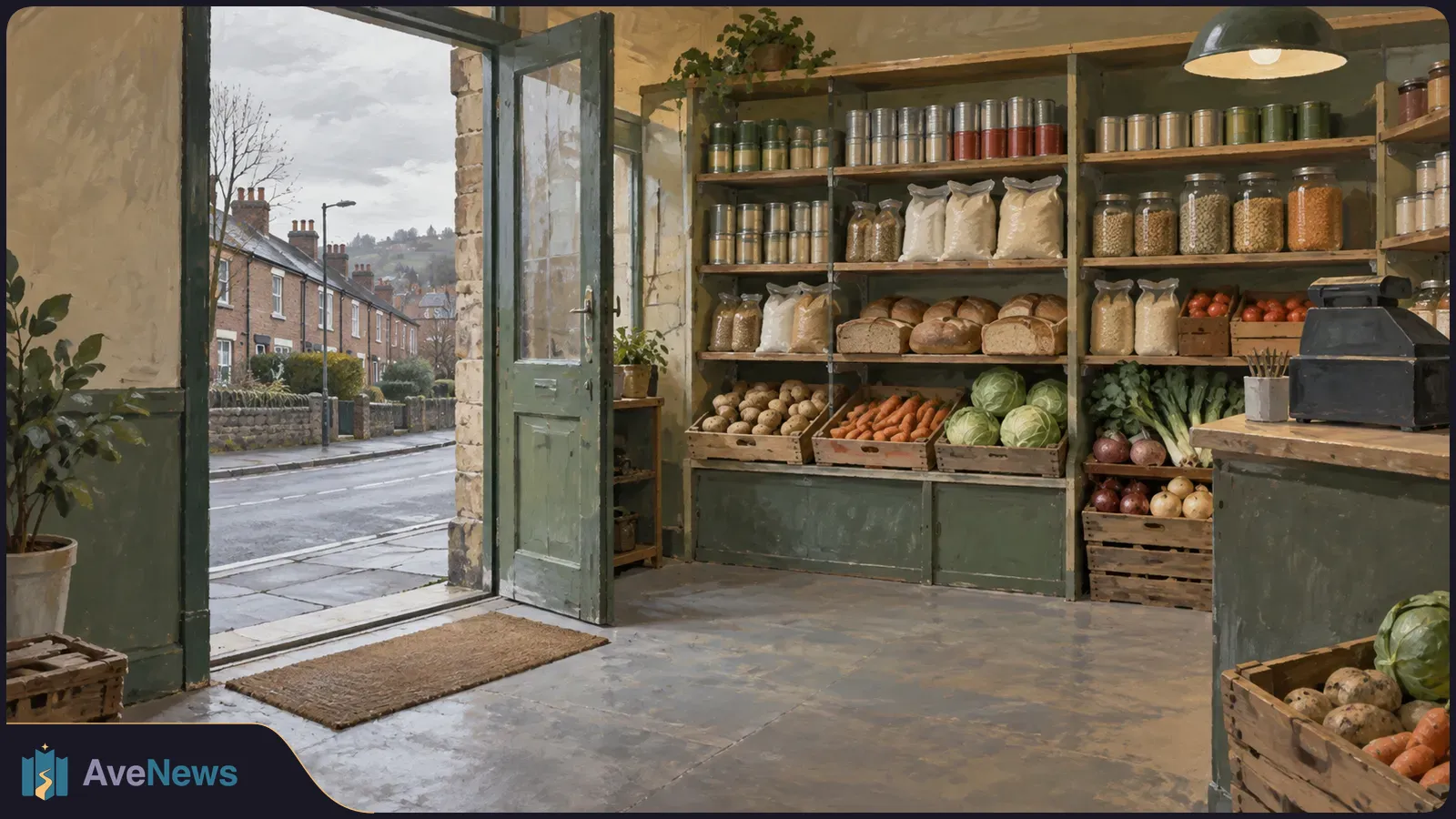 Inside a small grocery, shelves of bread, tins and jars stand above crates of vegetables. An open door looks onto a quiet street. SI illustration
