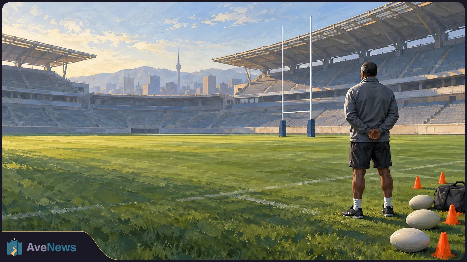 A man seen from behind stands on a rugby field in an empty stadium, facing the goalposts. Rugby balls, orange cones and a bag lie nearby. SI illustration