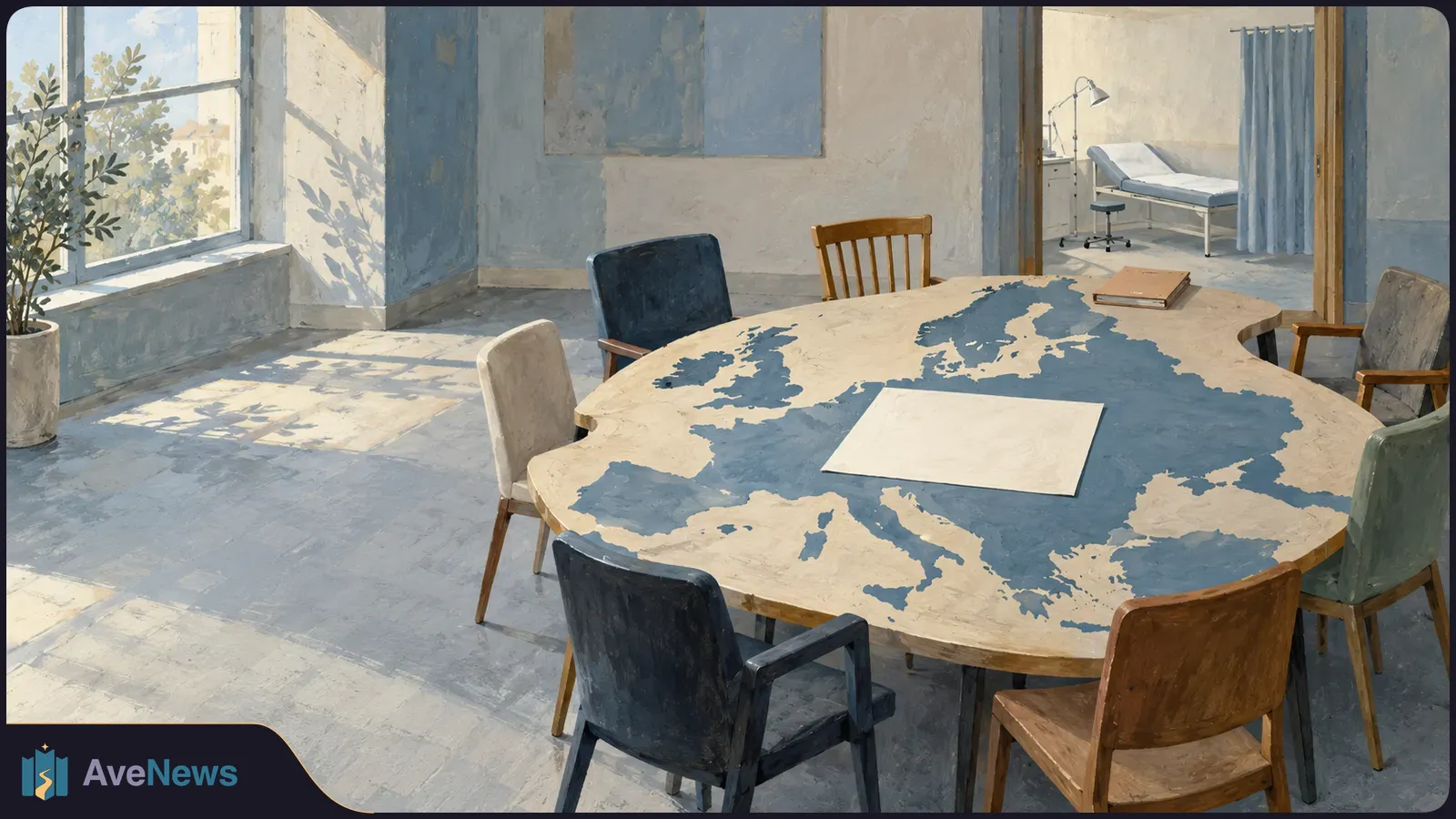 Empty chairs surround an oval table painted with a map of Europe and topped with a blank sheet. An examination bed is visible through a doorway. SI illustration