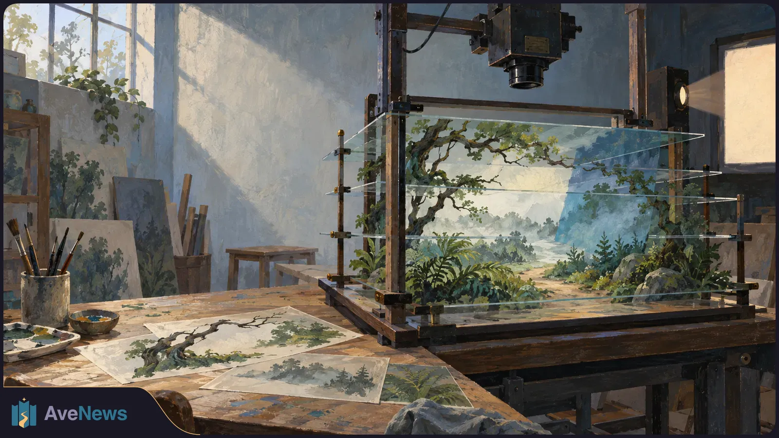 Painted studio scene with brushes and landscape sketches on a worktable. A camera hangs above layered glass panels depicting a forest path and twisted trees. SI illustration