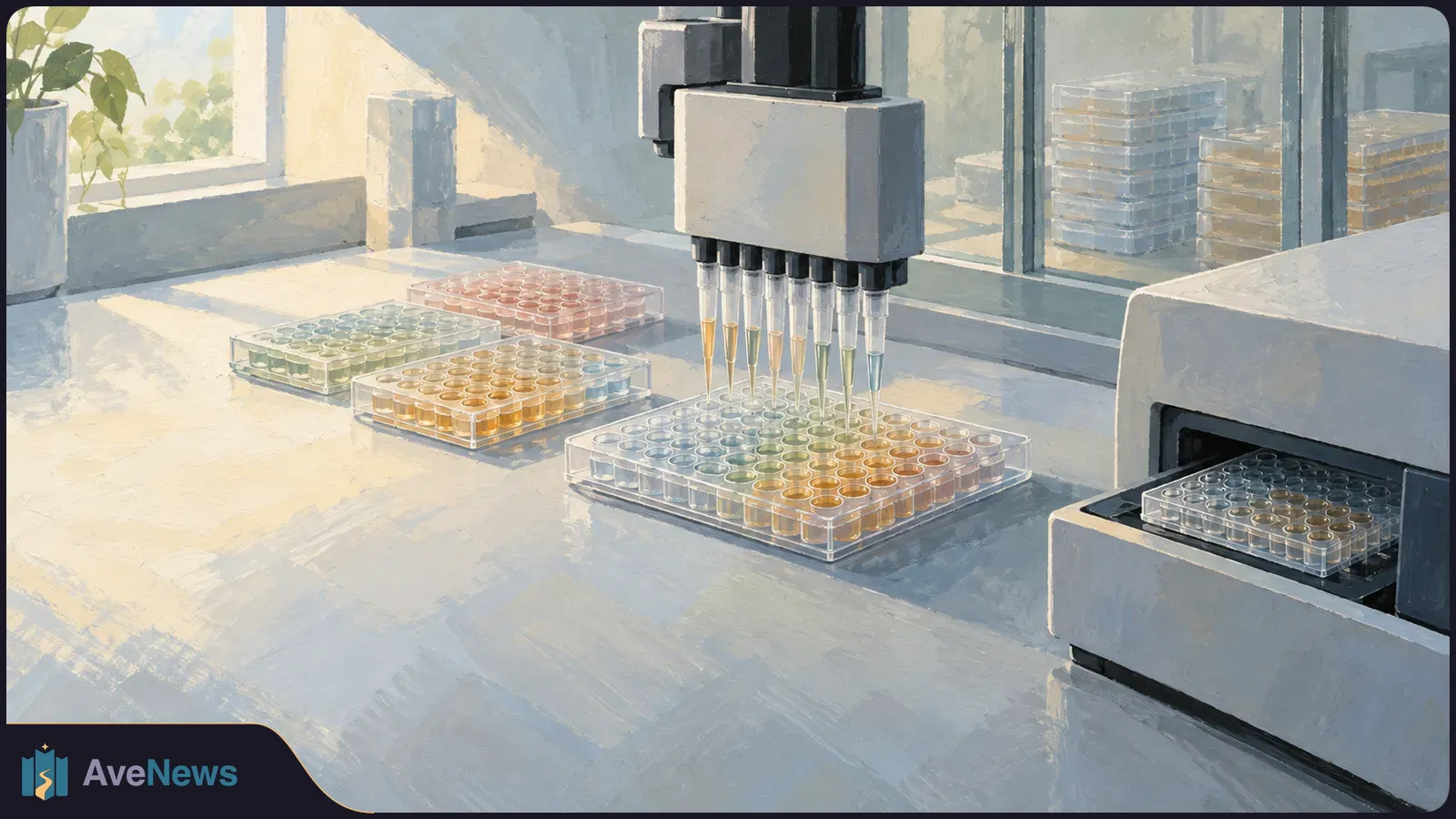 Painterly illustration of an automated pipette dispensing into a multiwell plate on a laboratory bench, with several other plates nearby. SI illustration