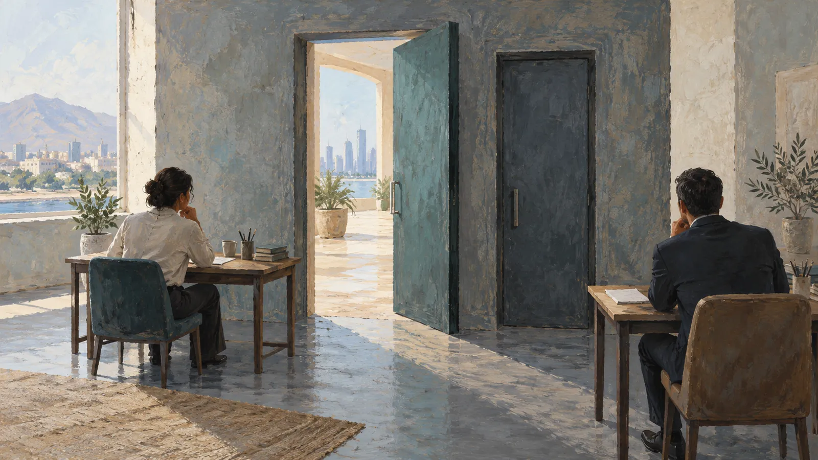 A painting of two people seated at separate desks in a sunlit room, with an open door leading to a terrace and a city skyline beyond. SI illustration