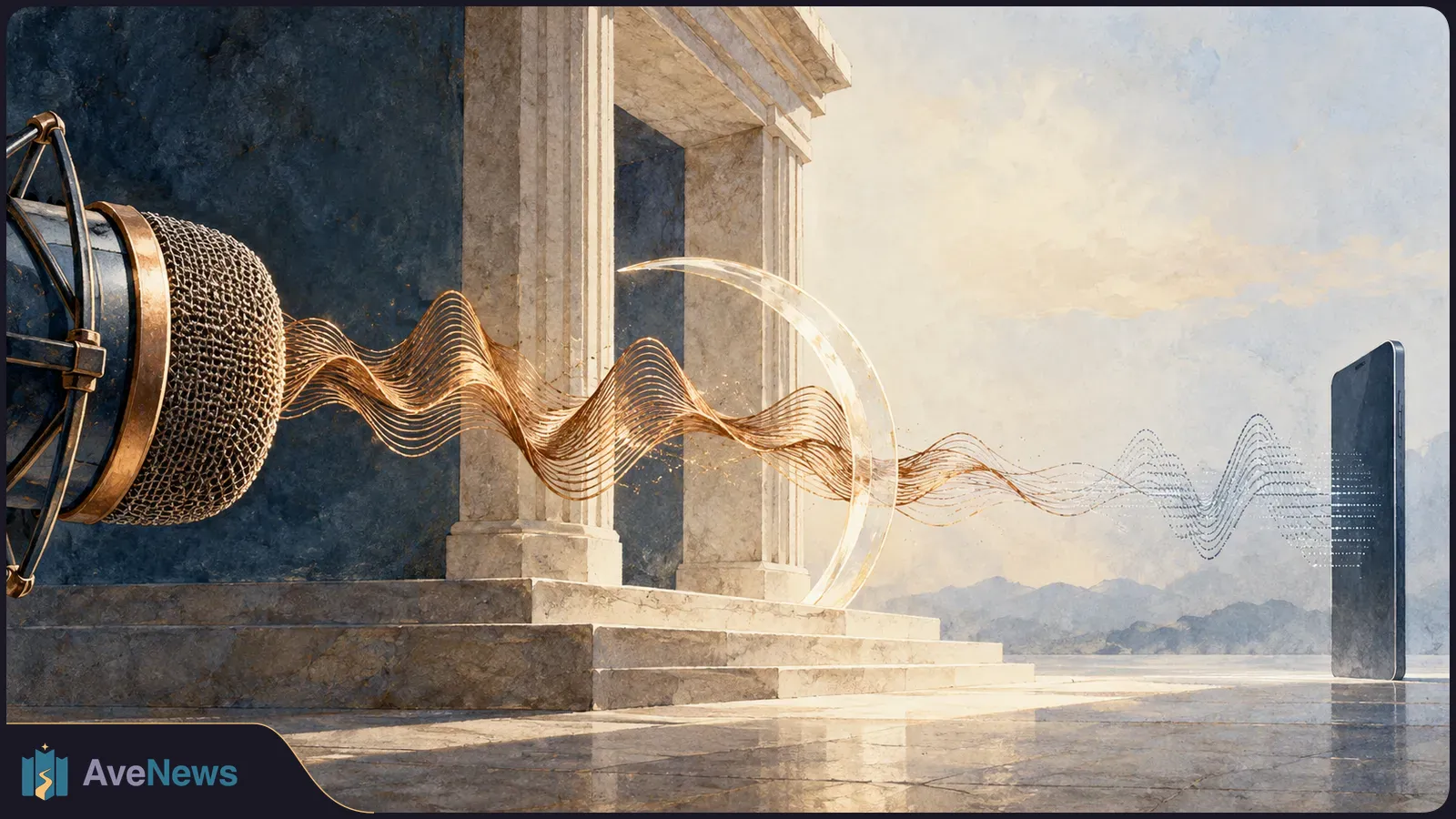 A studio microphone sends a golden sound wave past stone columns and steps toward a blank upright smartphone. SI illustration