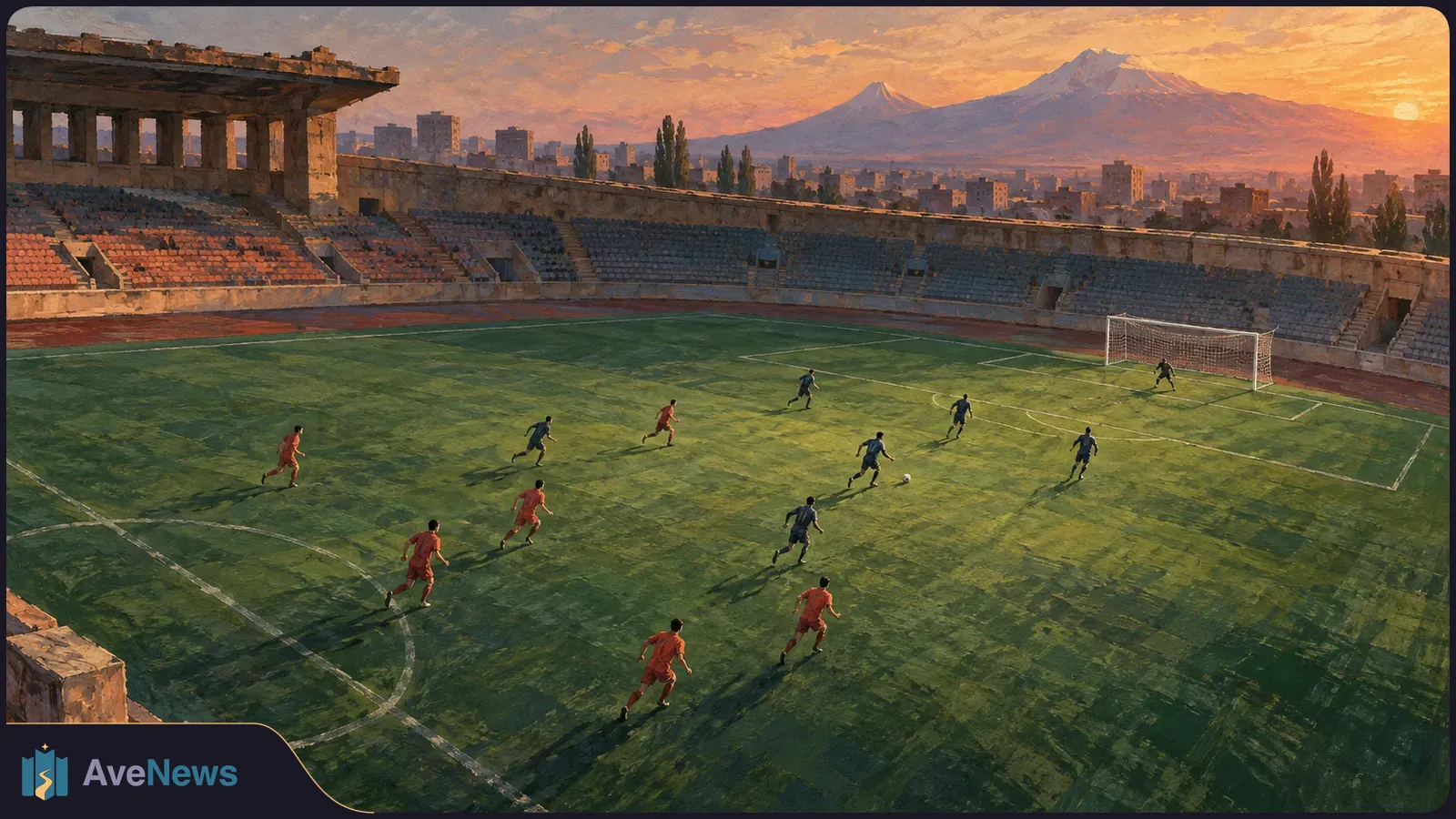 Painterly view of footballers in red and blue playing in a mostly empty stadium, with a city and snowcapped mountains beyond at sunset. SI illustration