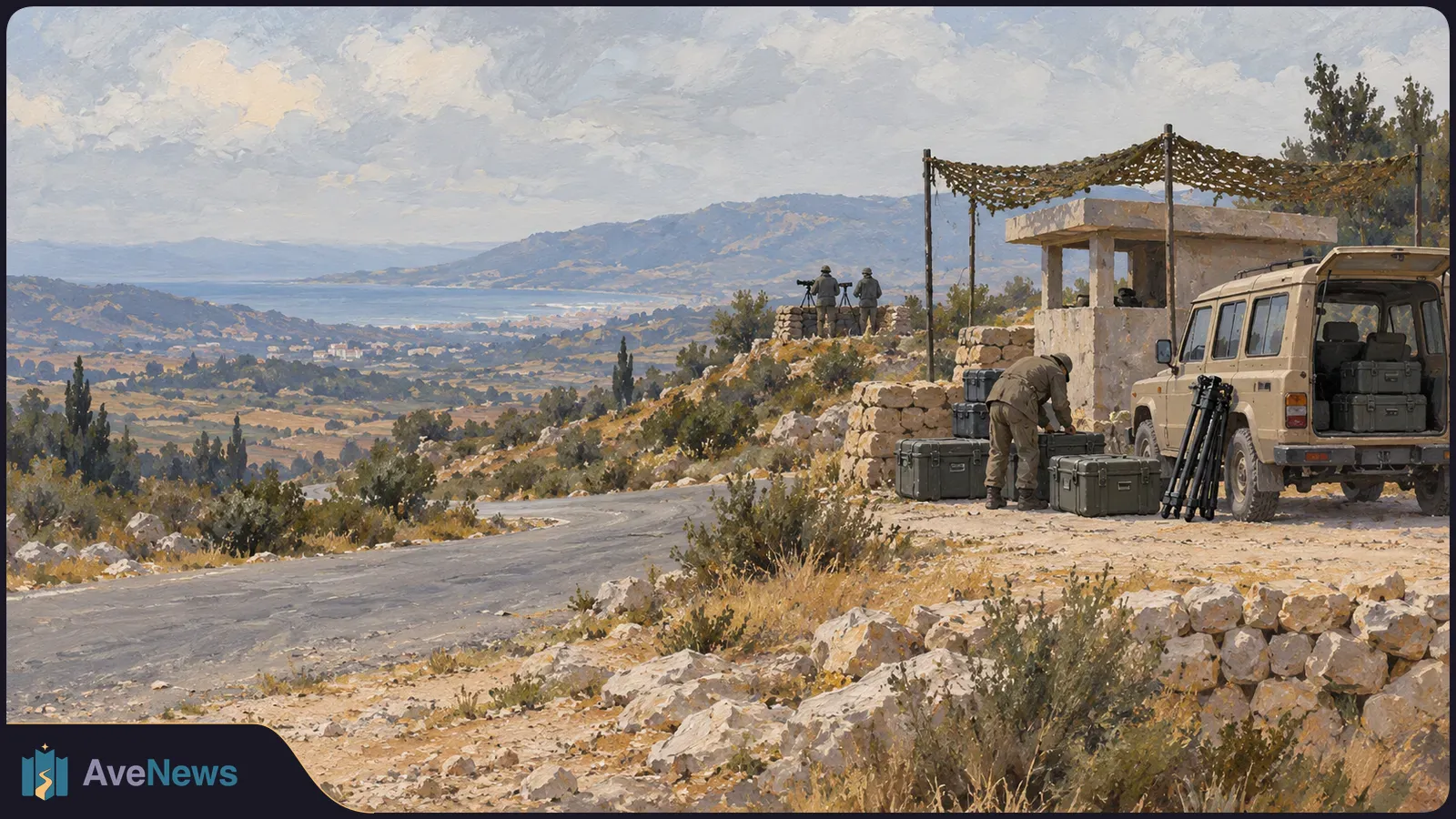 Painted hillside scene with three uniformed figures, equipment cases, a beige vehicle beside a small shelter, and a road overlooking a valley. SI illustration