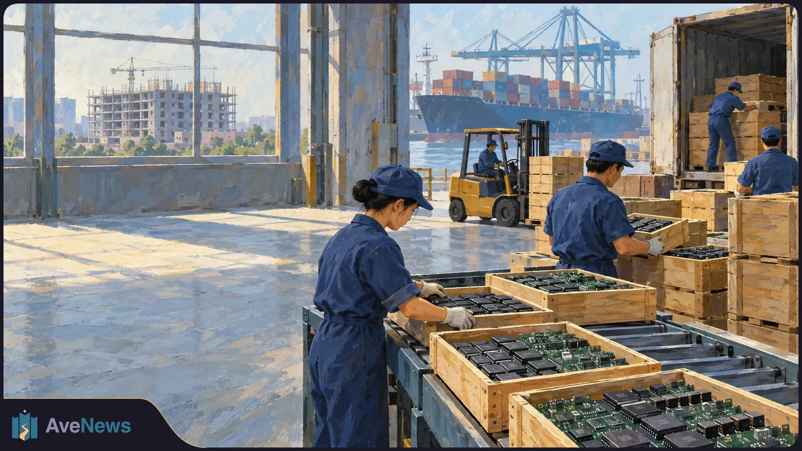 Illustration of workers handling circuit boards in wooden crates at a port warehouse. A forklift, shipping container, cargo ship, cranes and unfinished building are visible. SI illustration