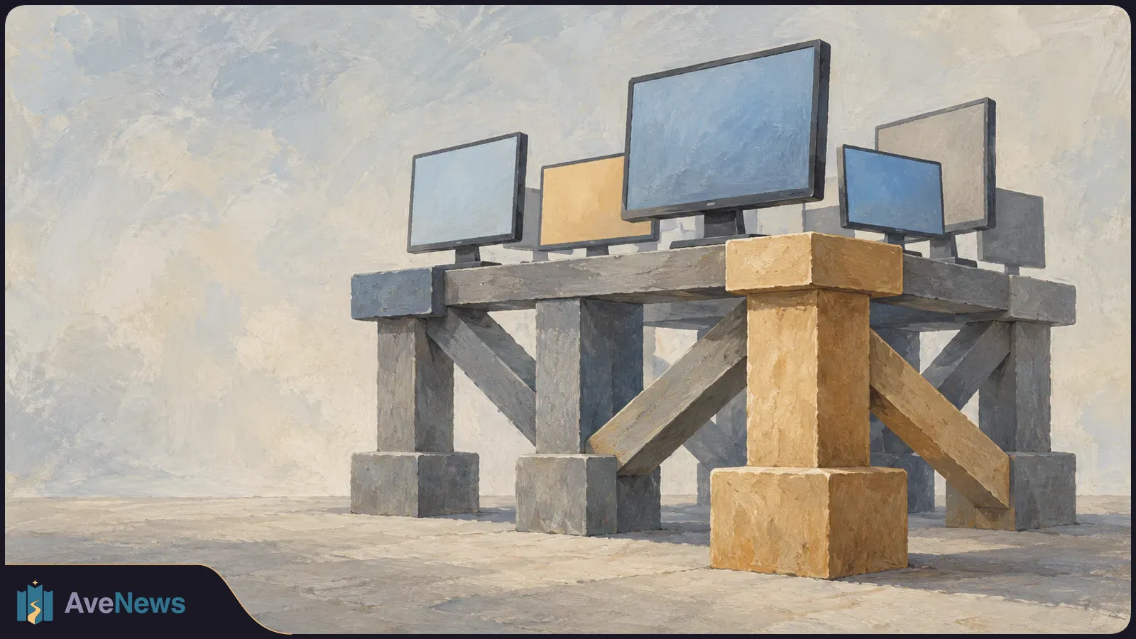 Painted illustration of several blank computer monitors on a raised gray platform, with a tan pillar and diagonal supports in front. SI illustration
