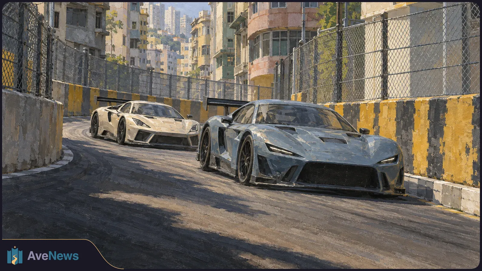 Painterly illustration of a gray race car leading a white one around a fenced city-street bend, with yellow-and-black barriers and apartment buildings. SI illustration