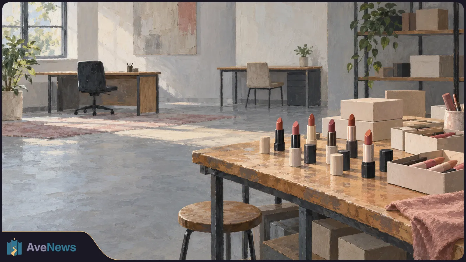 Painterly illustration of lipsticks and open cardboard boxes on a wooden table, with empty desks and plants in a bright office behind them. SI illustration