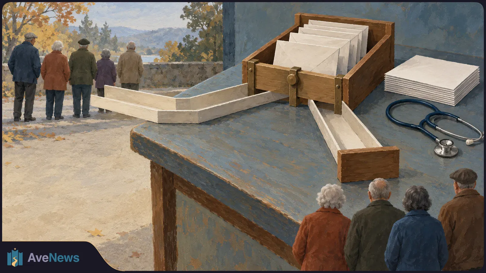 Two groups of older adults, seen from behind, appear beside a table holding a wooden box of blank envelopes, stacked papers and a stethoscope, with an autumn path beyond. SI illustration
