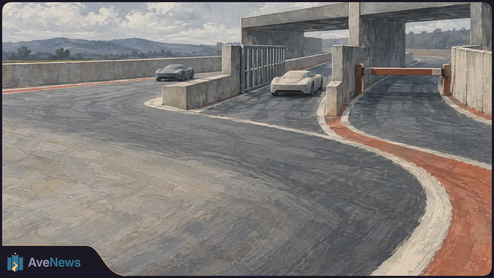 Painterly view of a curving racetrack with two gray sports cars in separate lanes, a metal gate and a lowered barrier beneath a concrete structure. SI illustration