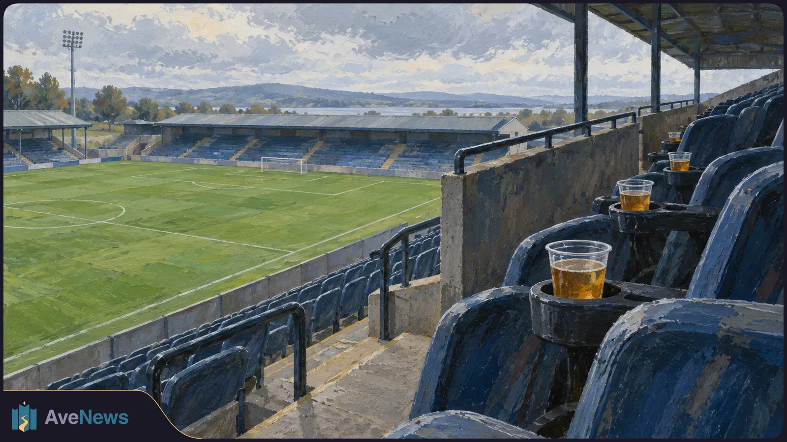Painted view from blue stadium seats, with plastic cups of beer in the cupholders and an empty football pitch beyond. SI illustration