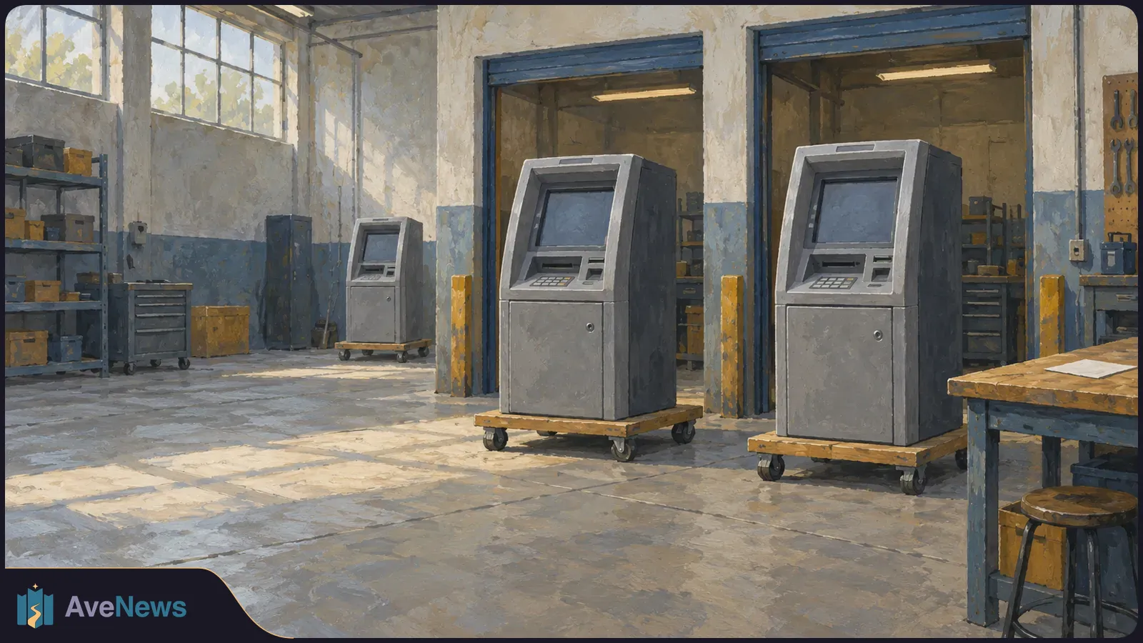 Three gray cash machines with blank screens stand on wheeled platforms in a sunlit workshop with shelves, tools and a workbench. SI illustration
