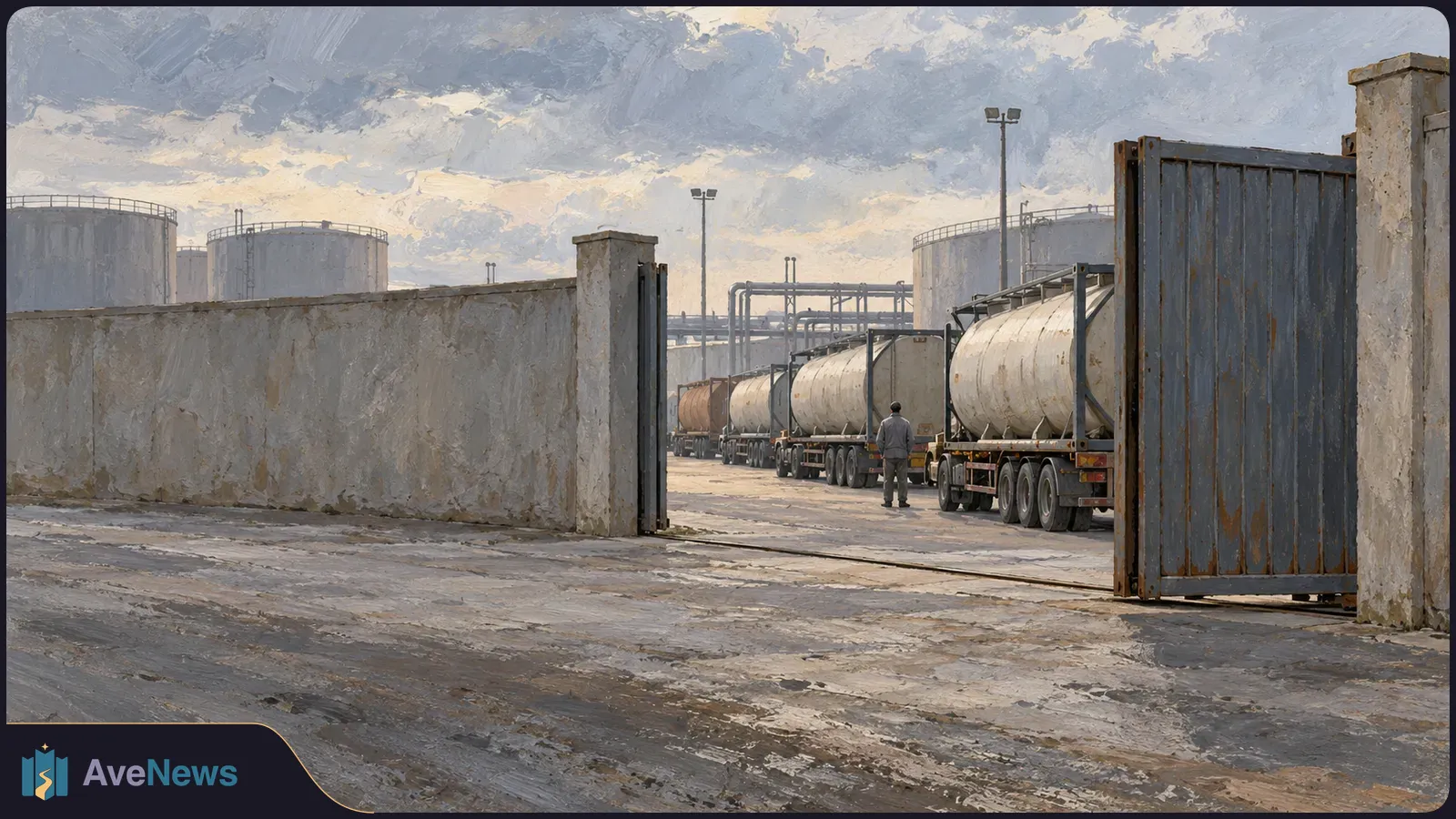 Painted view through an open industrial gate of several tanker trucks beside storage tanks and pipes, with one person standing in the yard under a cloudy sky. SI illustration