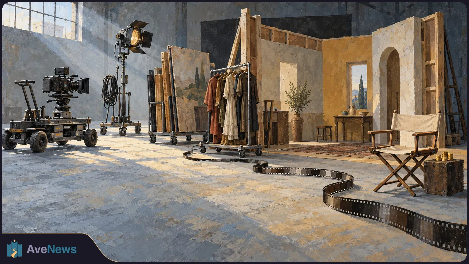 Painterly film set with a camera, spotlight, costume rack, unfinished scenery, a folding chair, stacked coins and a filmstrip winding across the floor. SI illustration