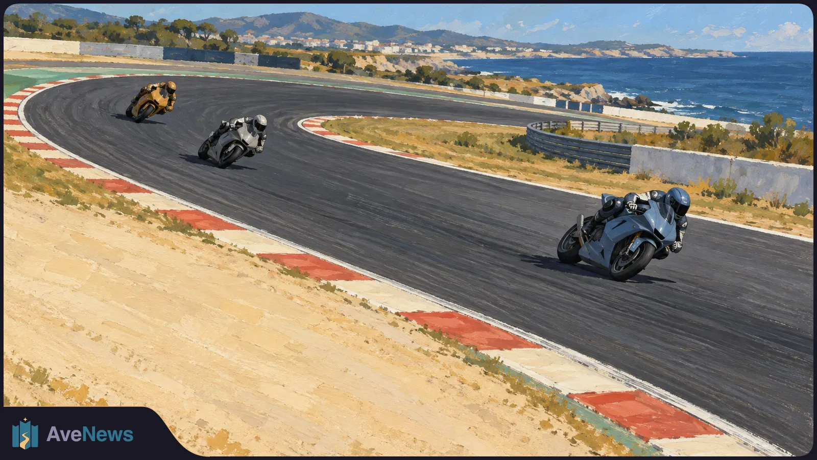 Three helmeted motorcycle racers lean through a bend on a coastal track, with red-and-white curbs, blue water and hills beyond. SI illustration