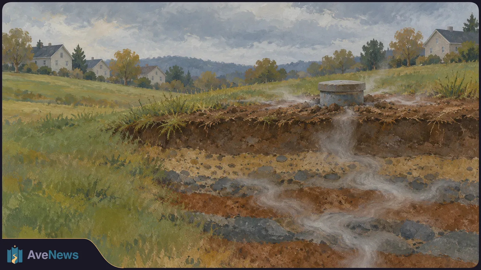 Painted landscape with a capped well in a grassy field, exposed soil layers and pale wisps below it, and houses beneath a cloudy sky. SI illustration