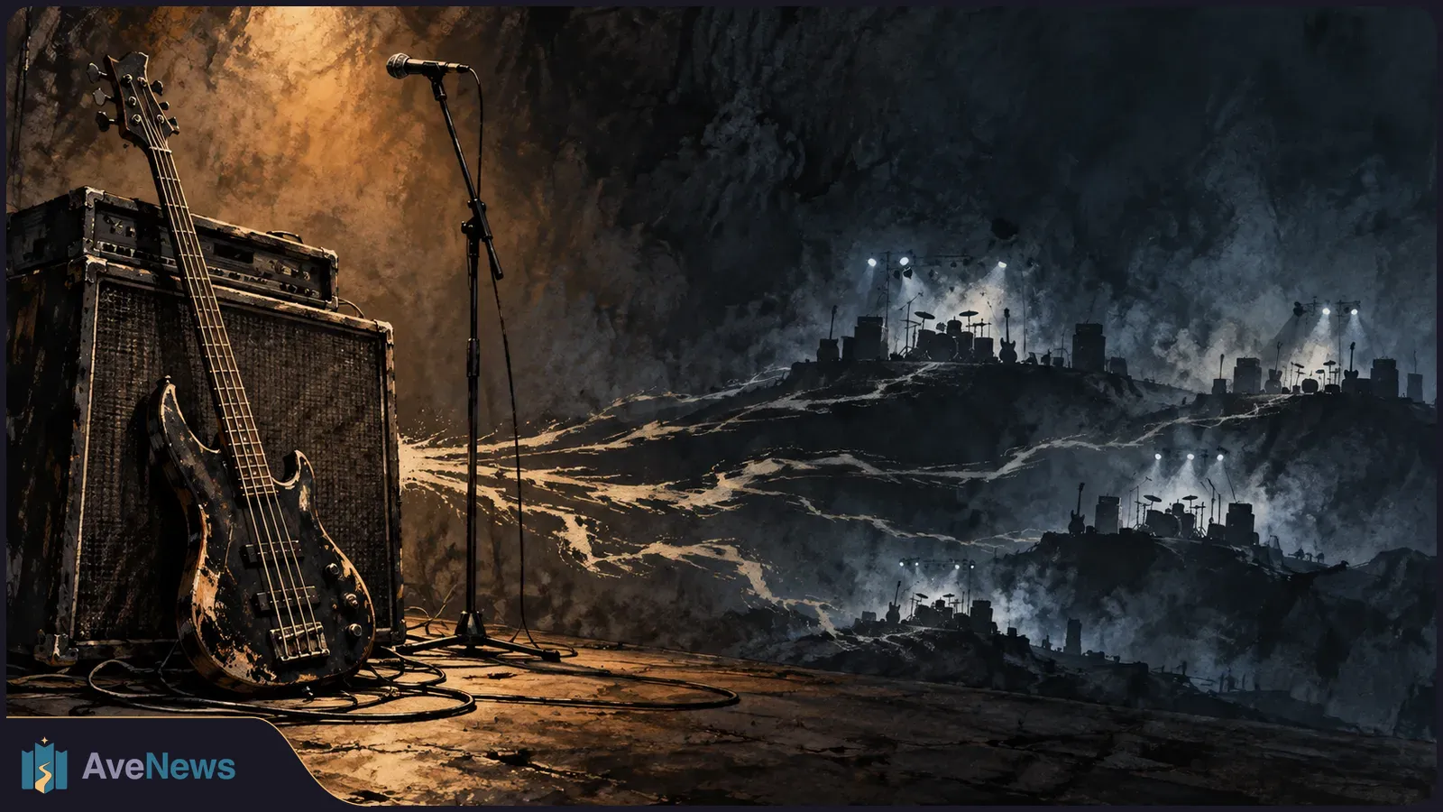 A worn electric bass leans against an amplifier beside a microphone, with cables on the floor and distant drum kits silhouetted under stage lights. SI illustration