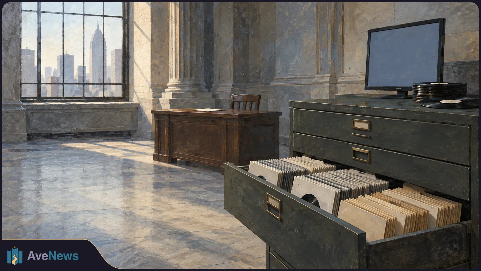 A painted office scene with vinyl records in an open filing drawer, more records beside a blank monitor, and a desk by a tall window. SI illustration