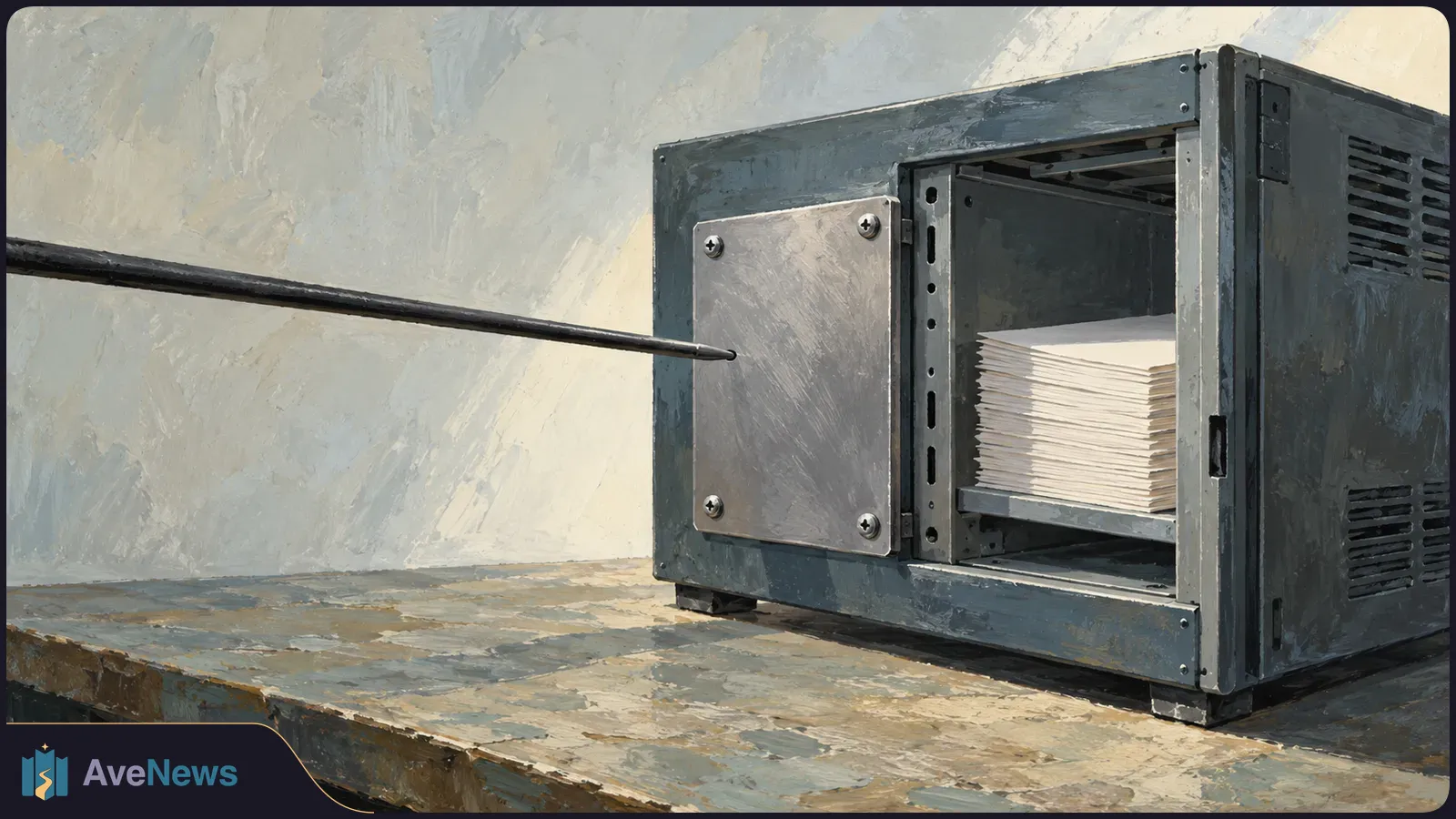 Painterly illustration of a dark metal cabinet with a stack of blank white sheets in its open compartment. A long black rod touches the front panel. SI illustration
