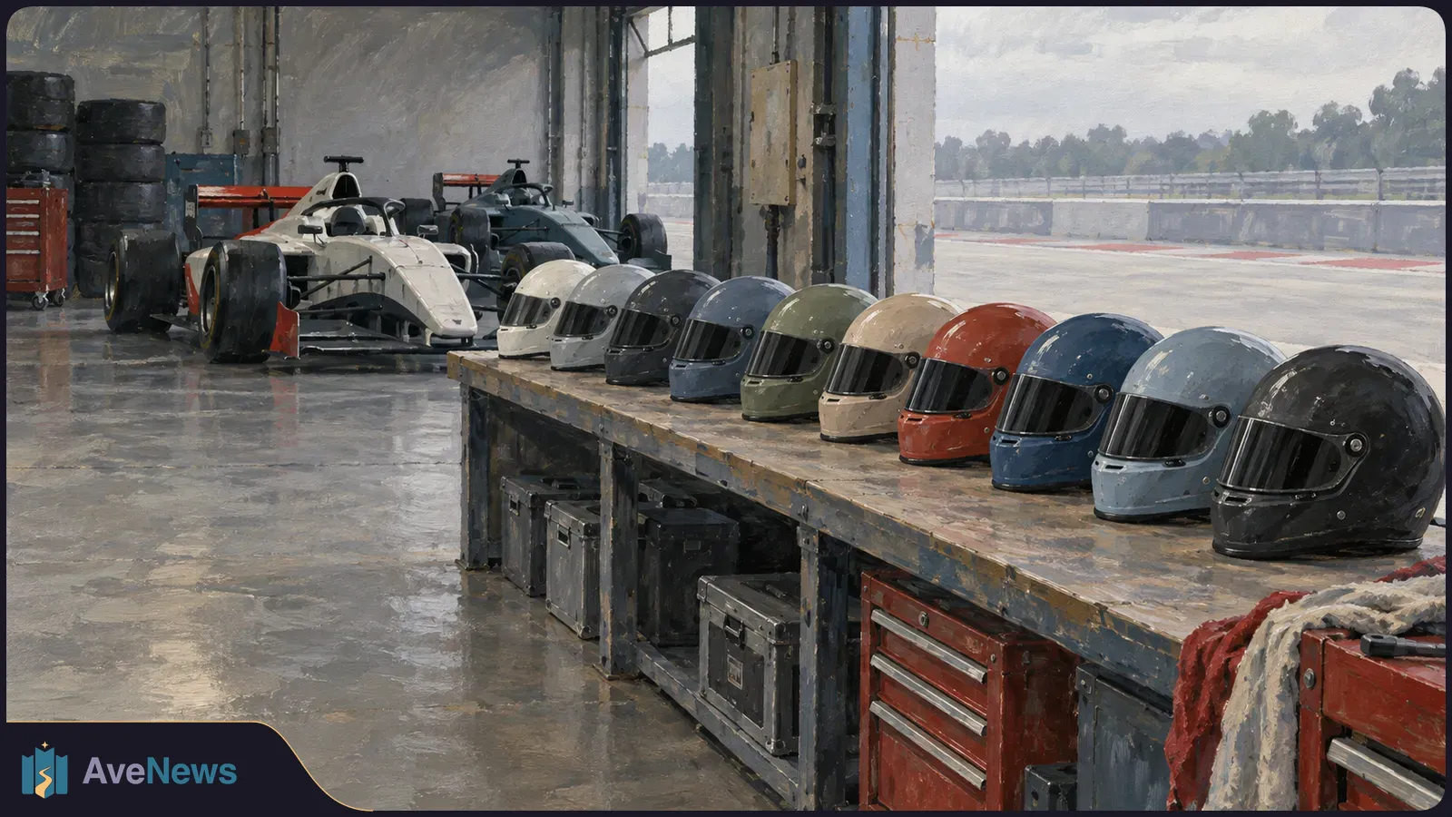 Ten racing helmets line a workbench in a garage, with two open-wheel race cars behind them and a track visible through the open doors. SI illustration