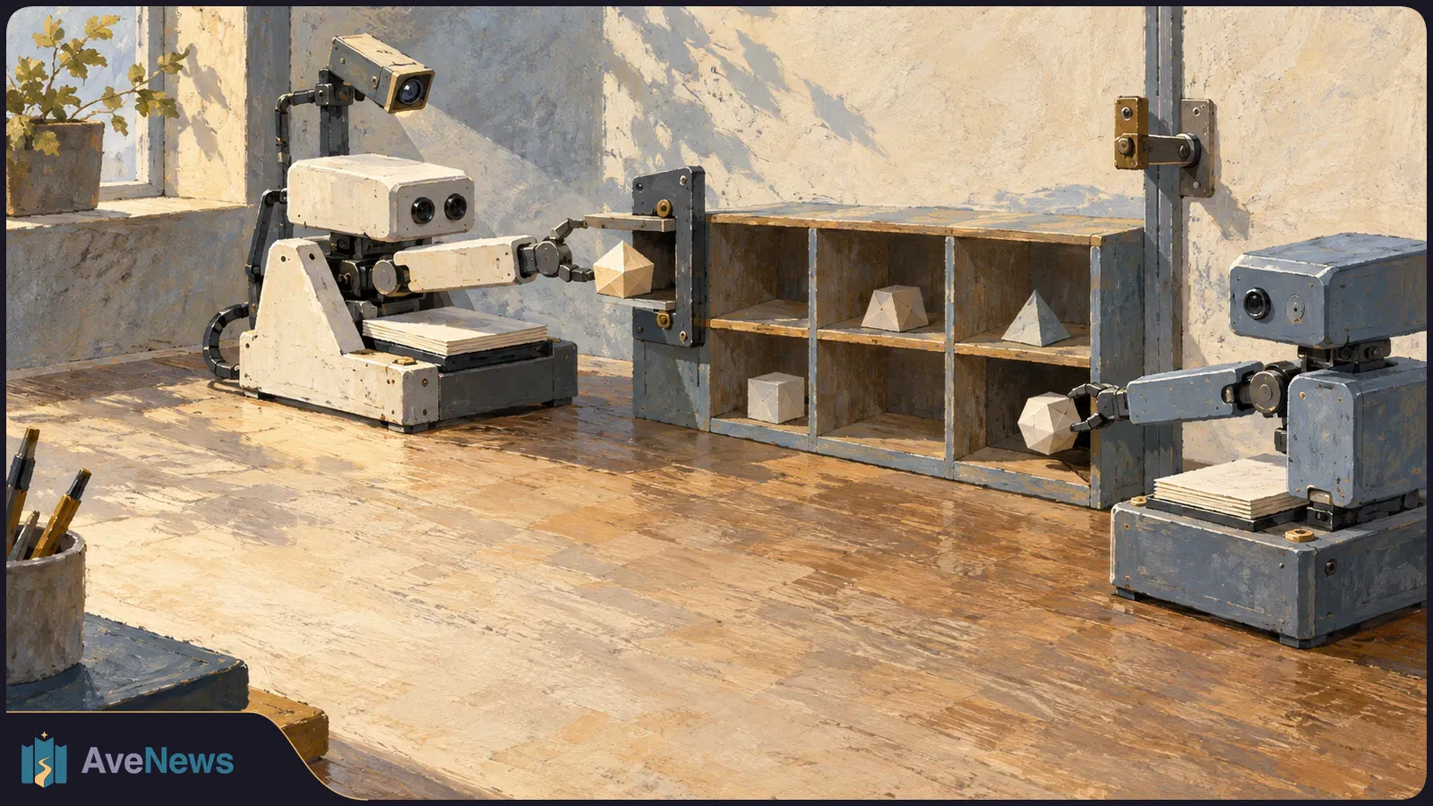 Two boxy robots reach toward a shared shelf of geometric objects as a security camera watches from above in a sunlit room. SI illustration