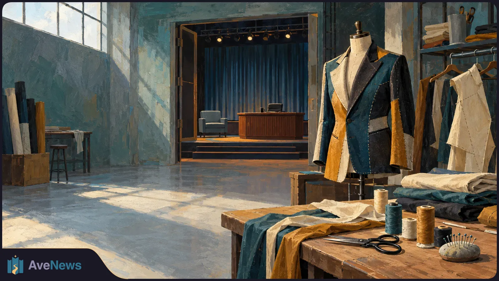 A multicolored jacket on a dress form stands beside a table of fabric, thread and scissors; a curtained stage is visible through the doorway. SI illustration