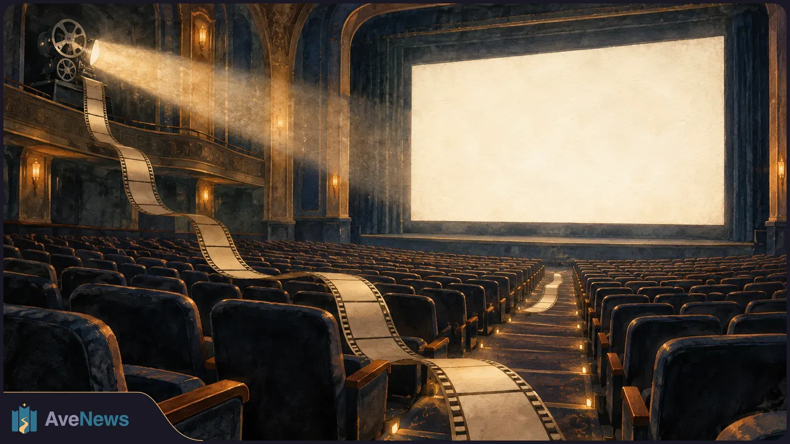 Illustration of an empty cinema with a glowing blank screen; a projector casts a beam of light as a filmstrip winds over the seats. SI illustration