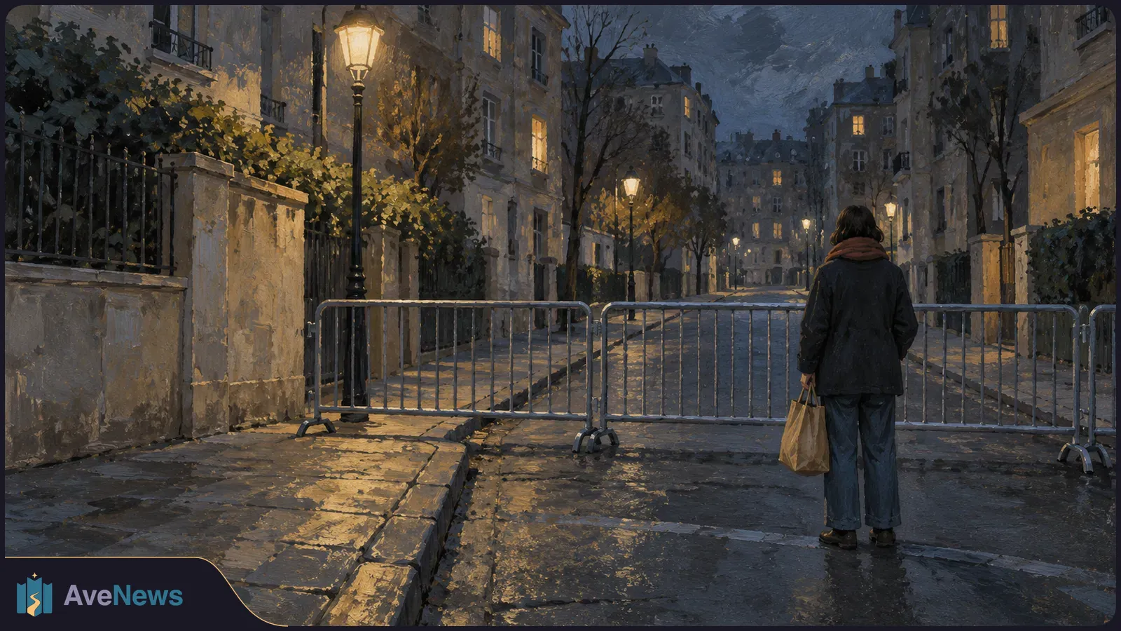 An illustration of a person holding a paper bag before metal barriers on a wet, lamplit city street at dusk. SI illustration