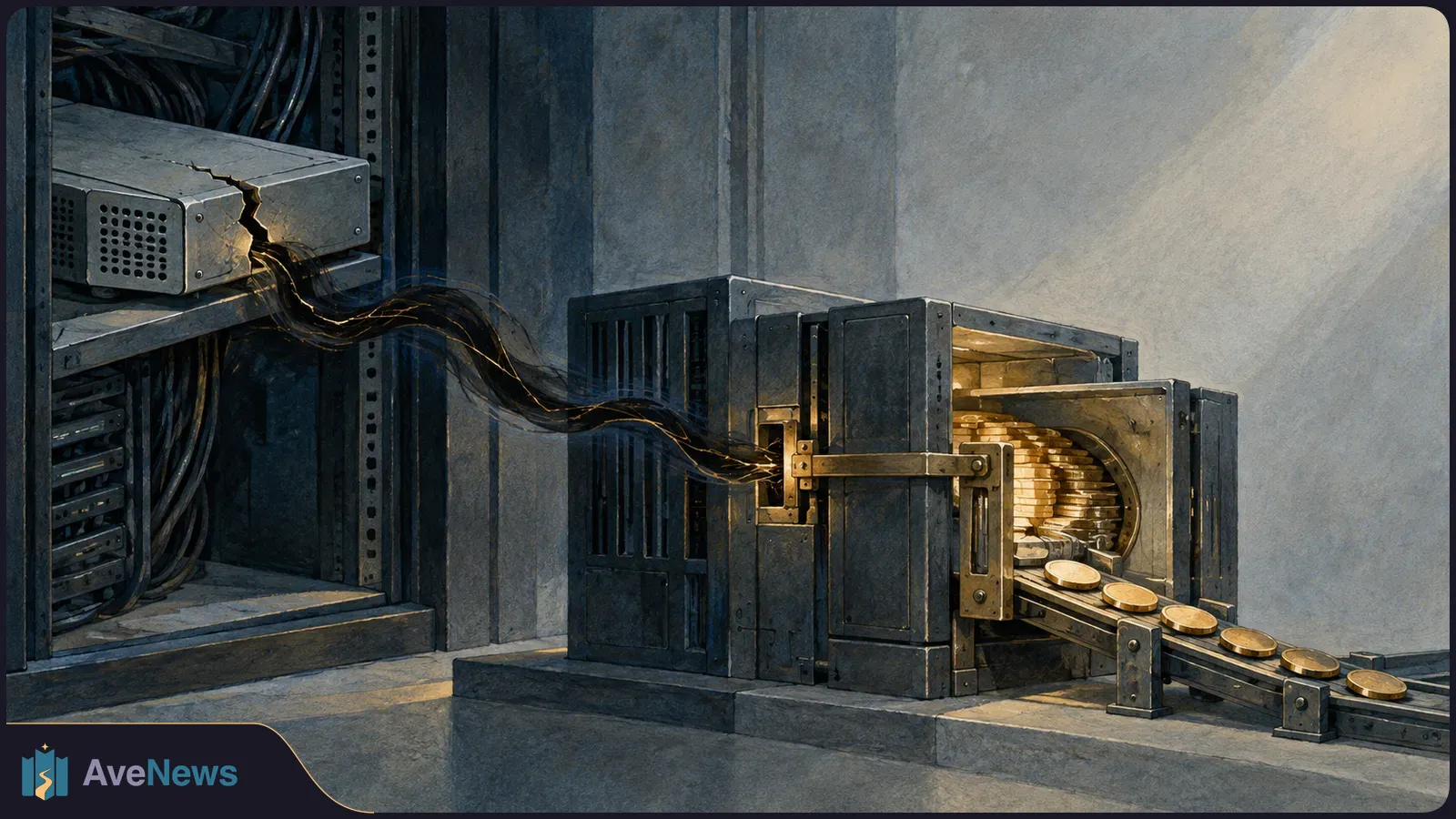 A cracked device in a server rack sends a dark, cable-like stream into an open metal vault, where gold-colored coins move along a conveyor belt. SI illustration