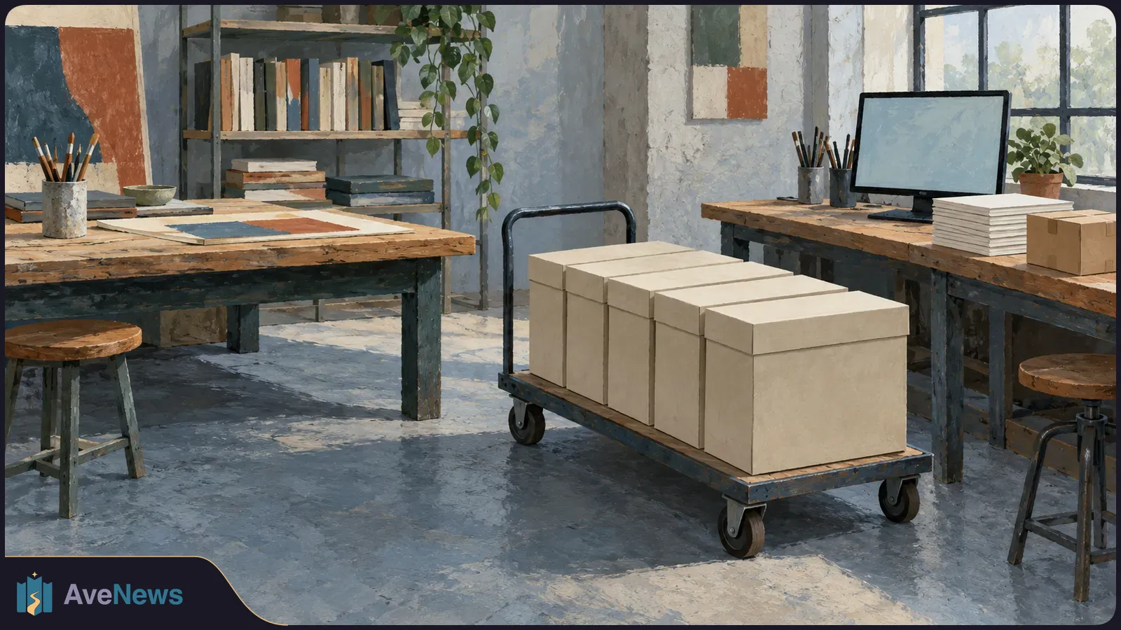 Five closed boxes sit on a rolling cart in a painted publishing workspace, with bookshelves, paper stacks and a blank monitor. SI illustration